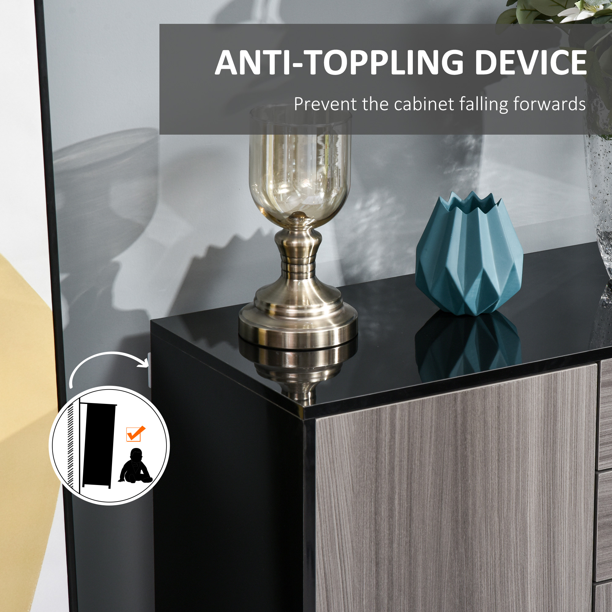 Kitchen Sideboard Storage Cabinet, Modern Coffee Bar with Push-Open Design and 2 Drawers for Living Room, Black - Image 5