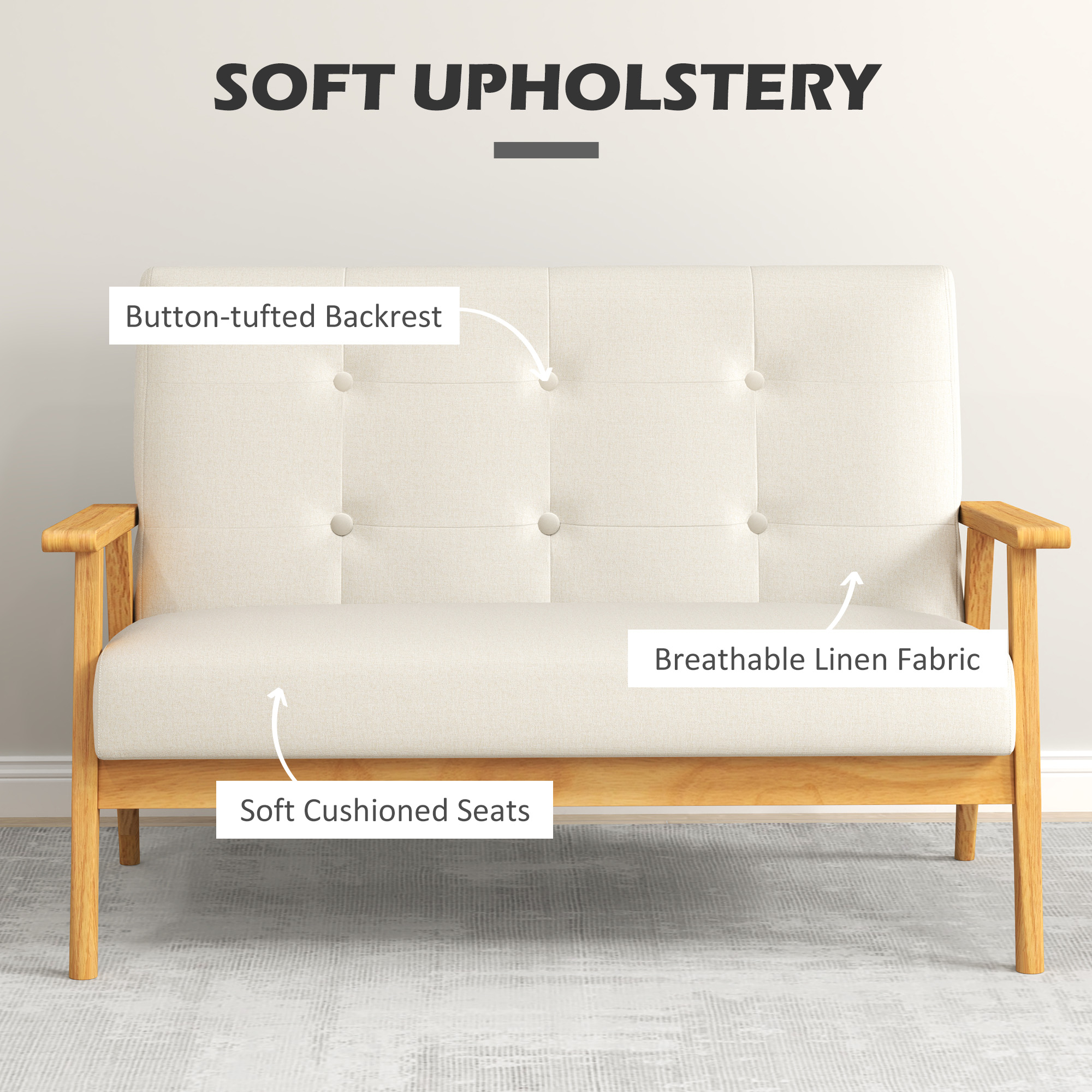 45" 2 Seat Sofa, Upholstered Two Seater Couch with Rubber Wood Legs for Bedroom, Living Room, Beige - Image 2