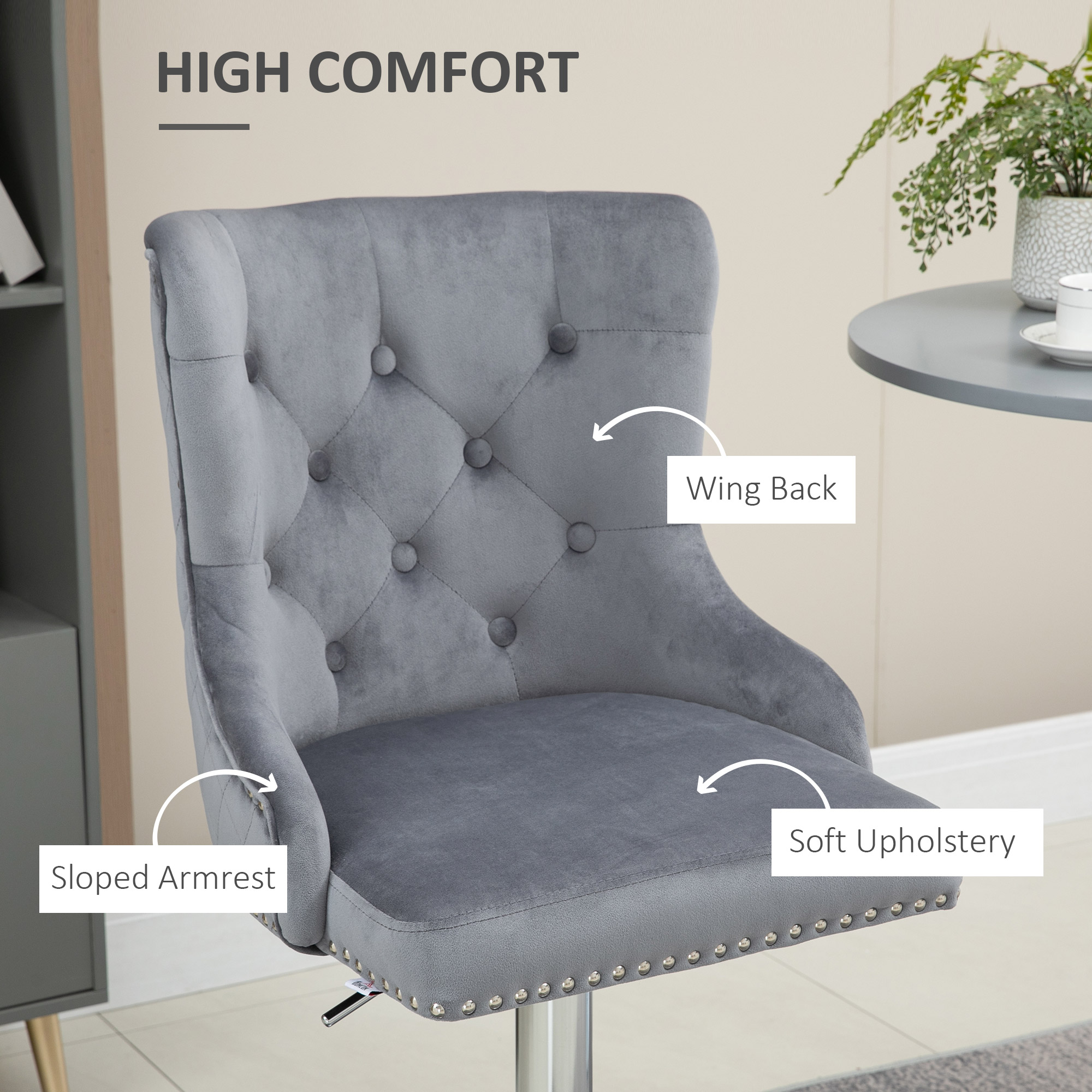 Modern Adjustable Bar Stools Set of 2, Swivel Velvet Barstools, Counter Height Bar Chairs with Button Tufted Back, Footrest, Nailhead Trim for Home Bar, Grey - Image 4