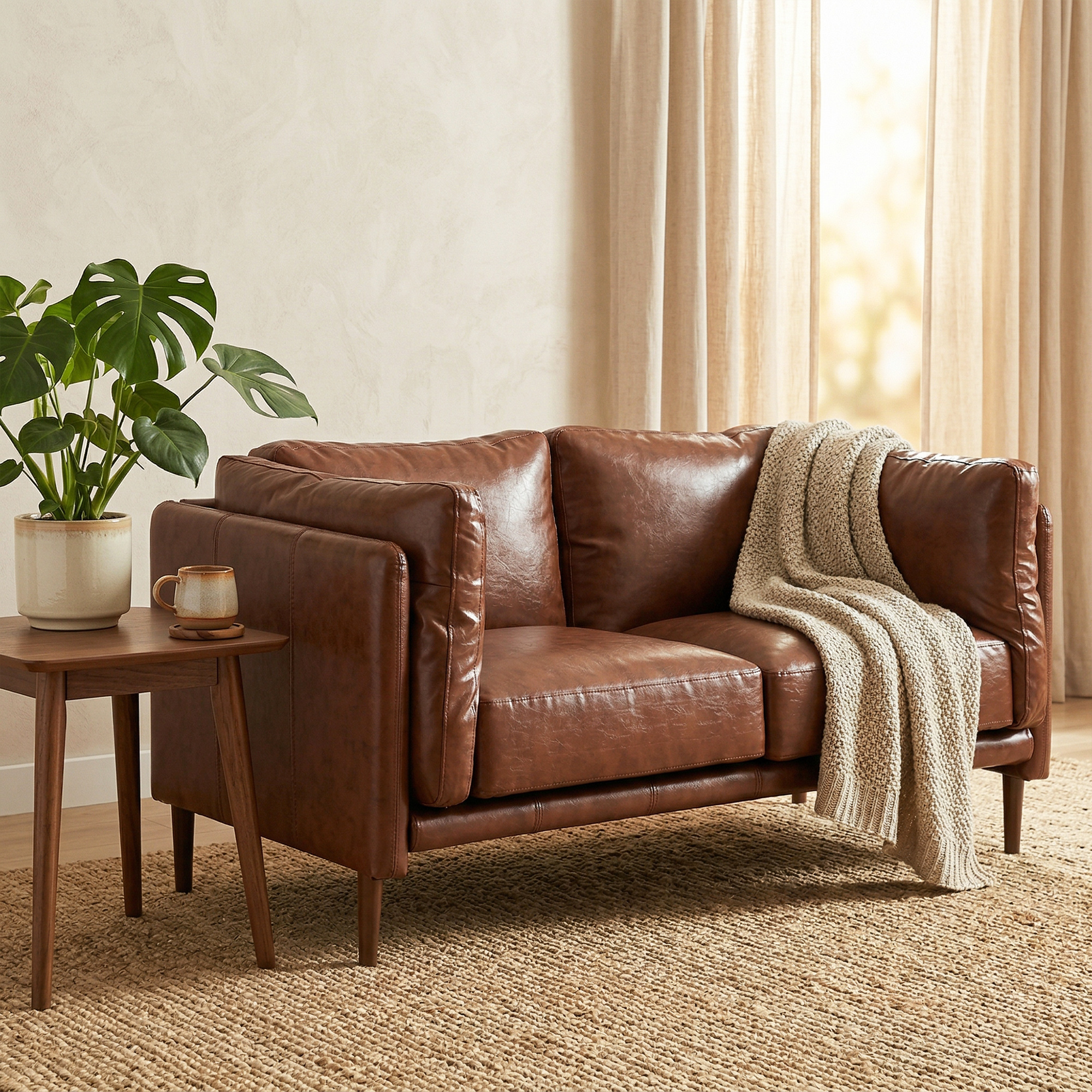 59" Loveseat Sofa, PU Leather 2 Seater Sofa with Wide Seat, High-Density Foam, Thick Cushion, Wood Legs, Brown - Image 6