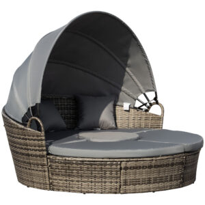 4 Pieces Outdoor Daybed with Retractable Canopy, PE Rattan Wicker Round Sofa Day Bed, Patio Sectional  Conversation Furniture Set with Cushions and Pillows, Grey