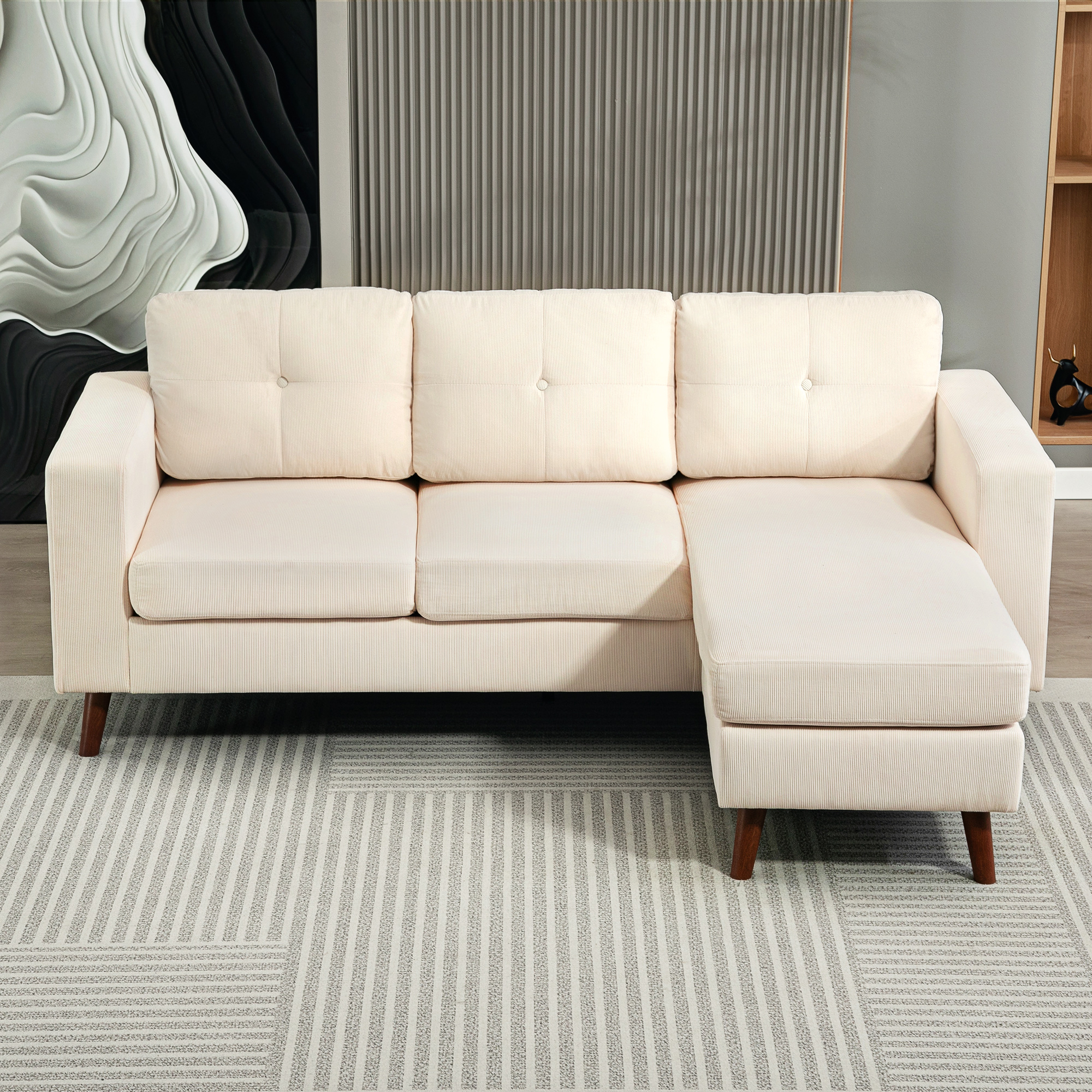 Sectional Sofa with Changeable Chaise Lounge, 3 Seat L-Shaped Sofa, Upholstered Couch for Small Space, Cream White - Image 5