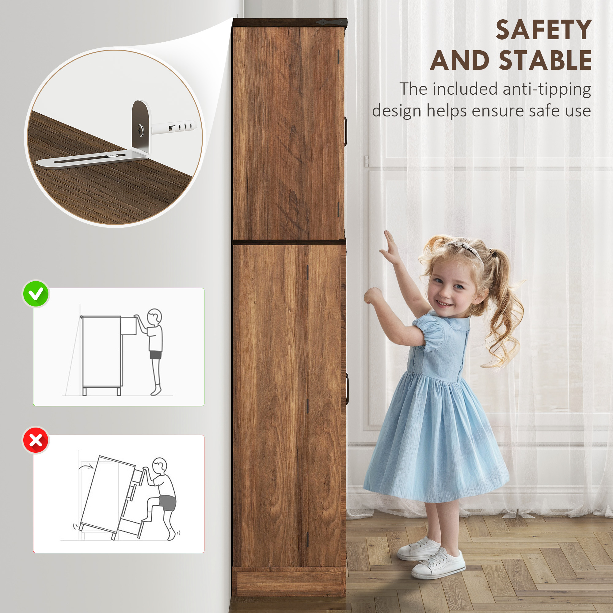 64" Tall Kitchen Pantry Cabinet with Spice Racks and Adjustable Shelves, Brown Wood Grain - Image 4