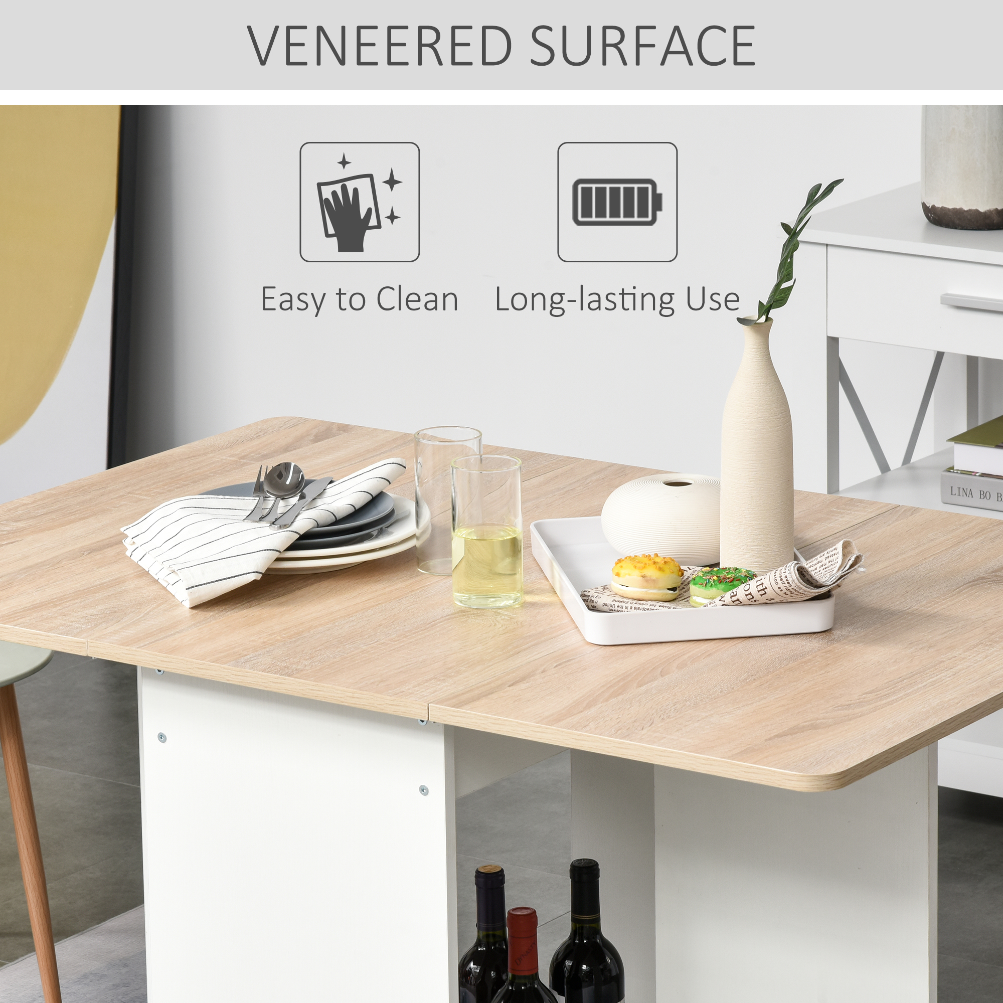 Foldable Dining Table, Folding Table with Storage Shelf, Drop-Leaf Kitchen Table for Dining Room, Oak - Image 3