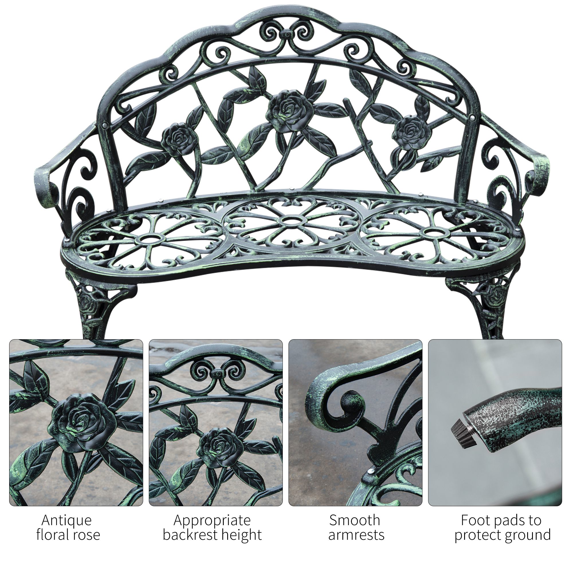 40" Outdoor Garden Bench, Cast Aluminum Antique Rose Style Patio Garden Park Loveseat Bench for Backyard, Porch, Balcony, Lawn, Green - Image 3