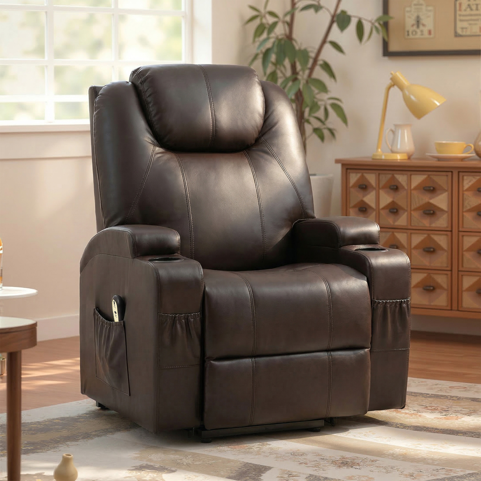 Power Lift Recliner Chair for Elderly, PU Leather Lift Chair with Thick and High Back, Footrest, Remote, Side Pockets, Cup Holders, Reclining Sofa for Living Room, Brown - Image 5