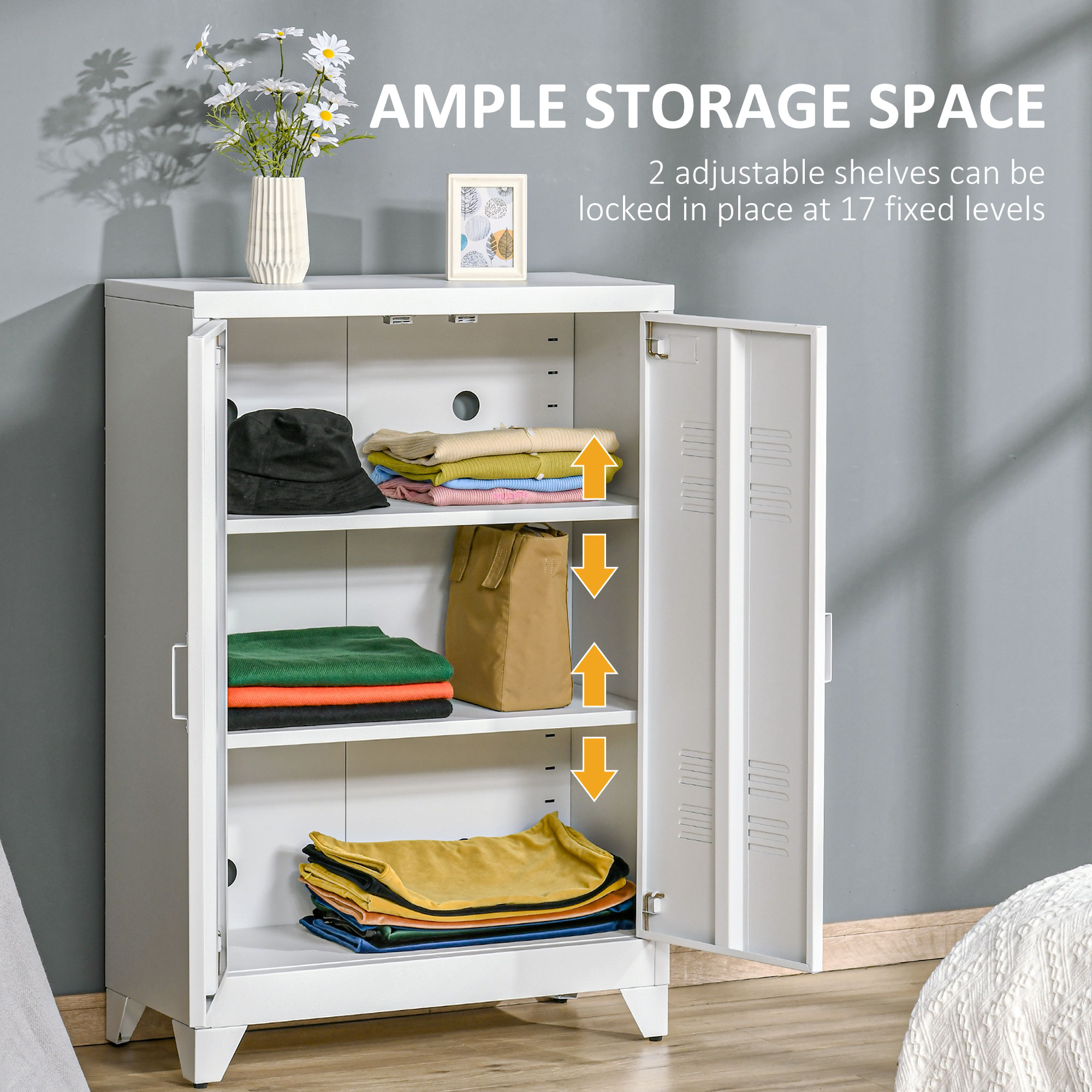 Metal Storage Cabinet, Industrial Sideboard Buffet Cabinet with 2 Louvered Doors, Adjustable Shelves, White - Image 2