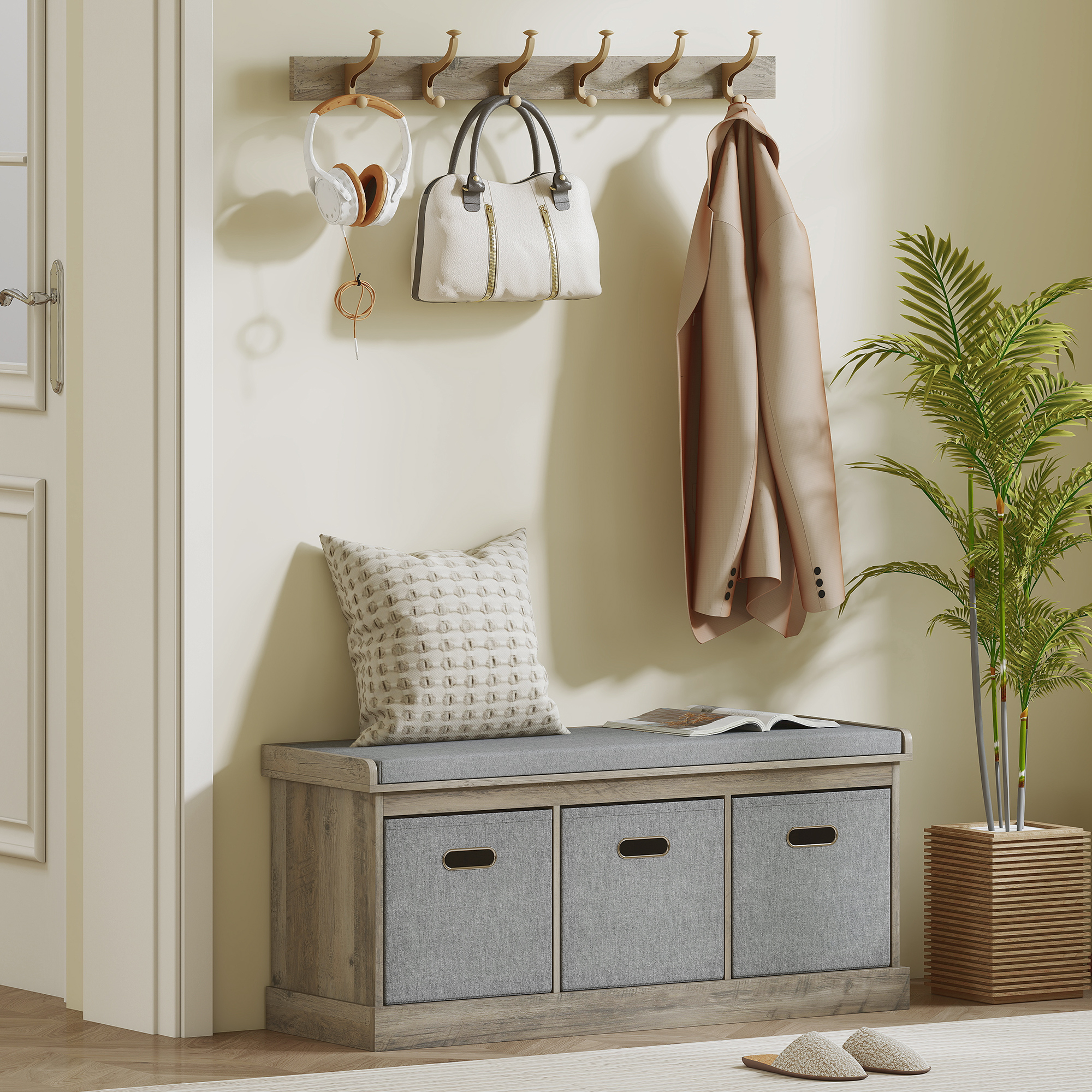 Shoe Storage Bench with Seat, Entryway Bench Seat with Cushion, 3 Fabric Drawers for Hallway, Washed Grey - Image 6