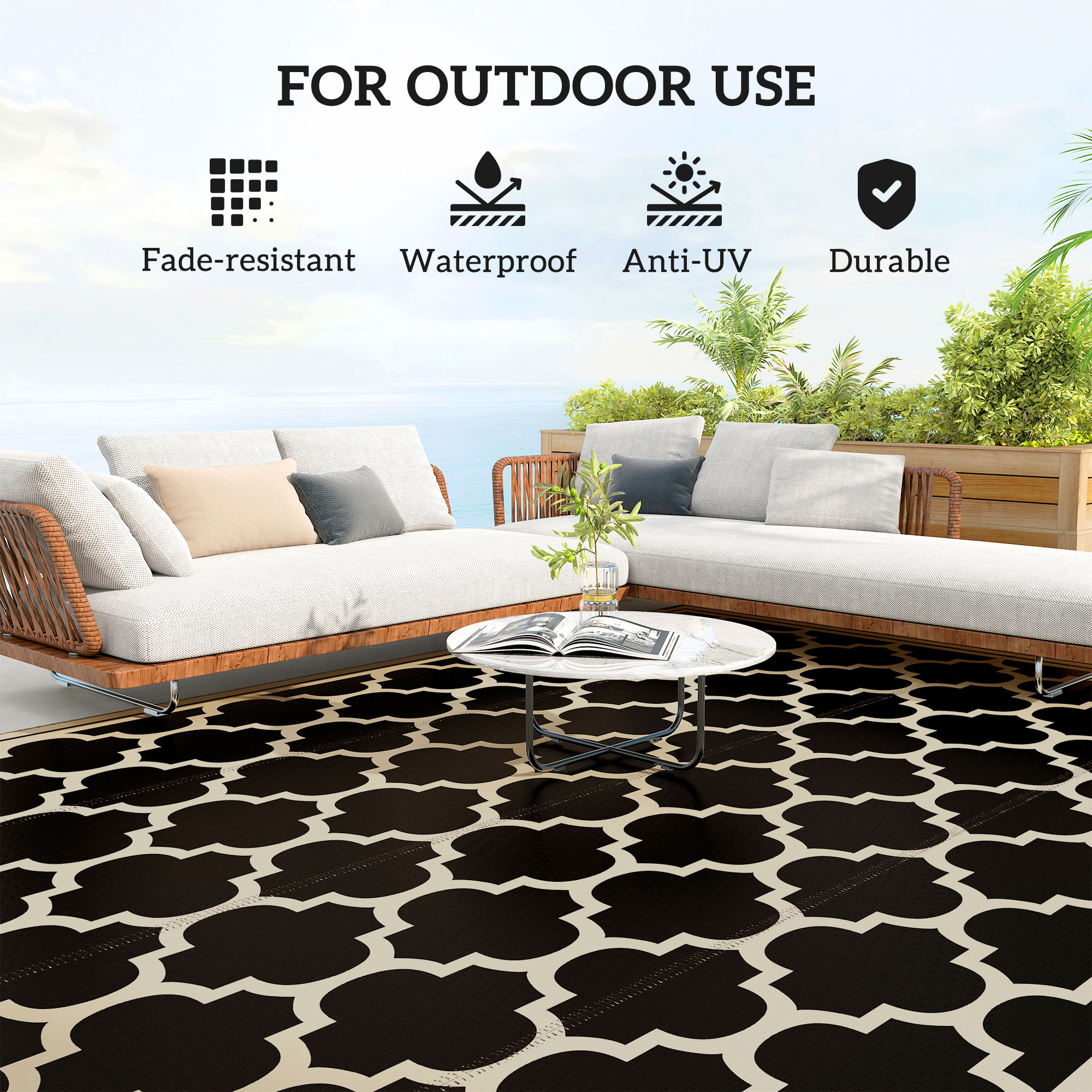 9'x12' Reversible Outdoor RV Rug, Patio Floor Mat, Plastic Straw Rug for Backyard, Deck, Beach, Camping, Black - Image 3