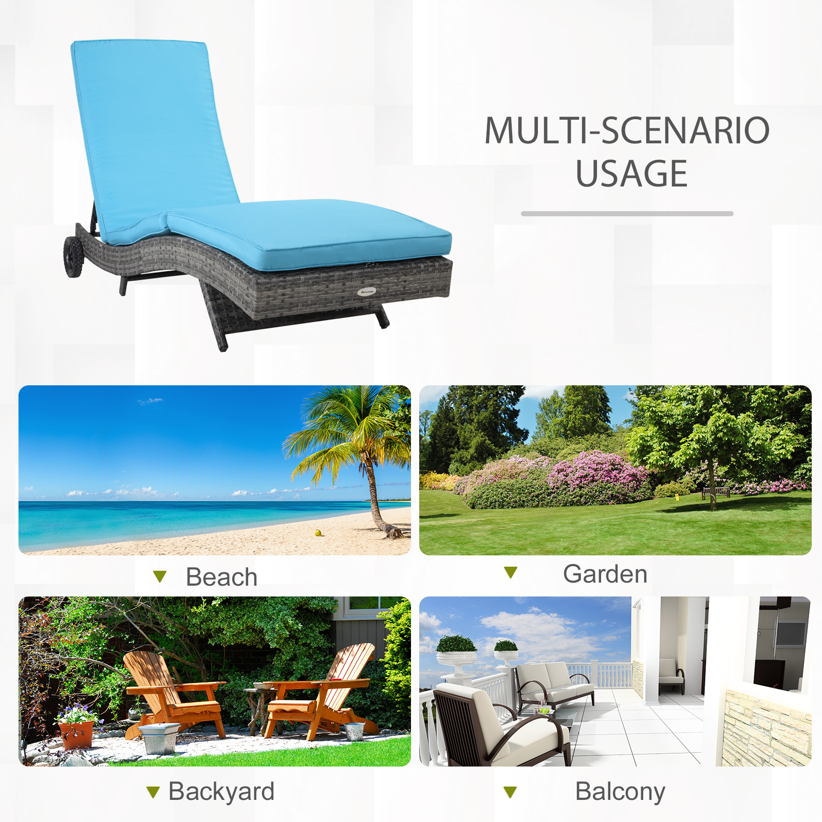 Outdoor Adjustable Wicker Chaise Lounge Chair with Cushion & Wheels for Patio, Deck, Poolside, Sky Blue - Image 5