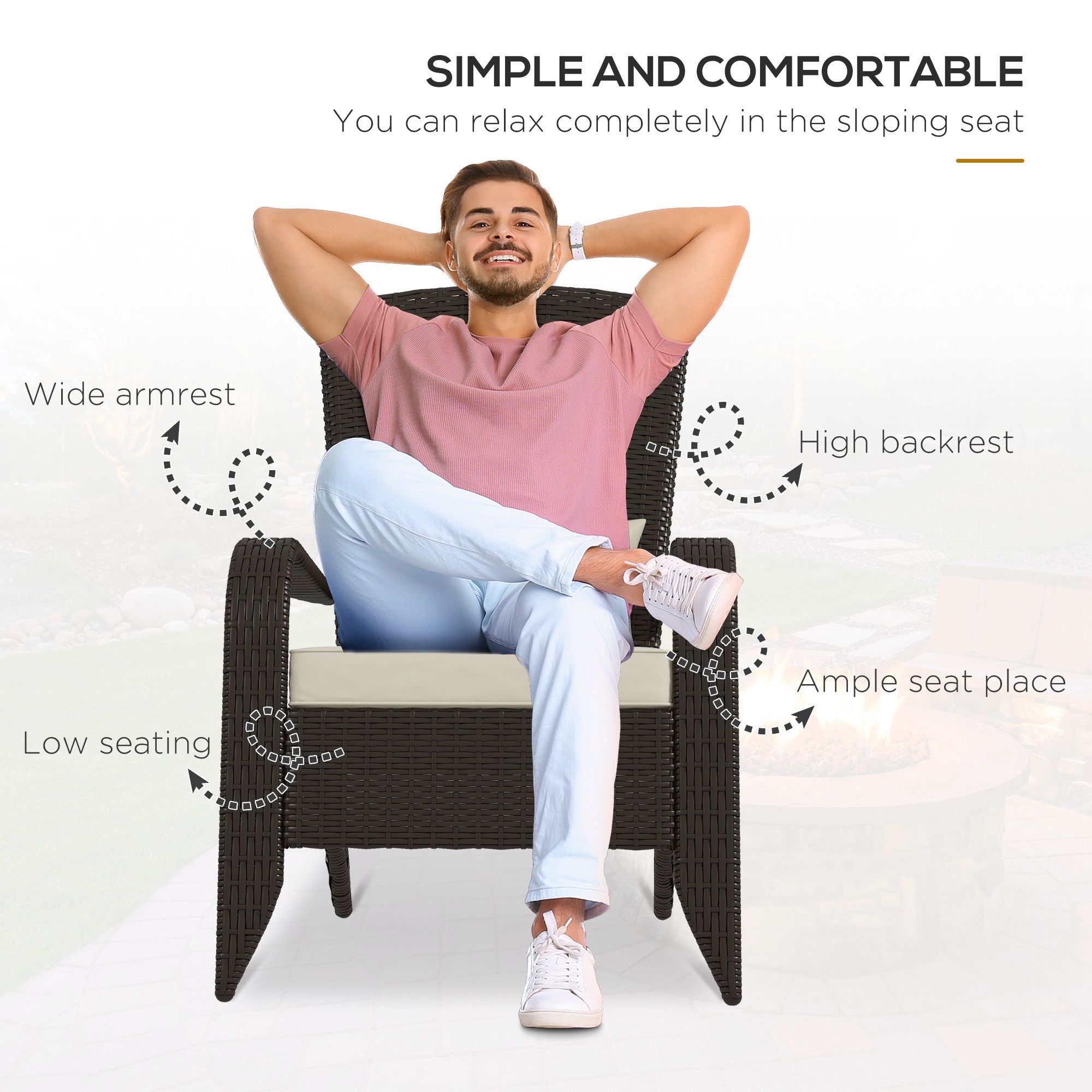 Patio Wicker Adirondack Chair, Outdoor Rattan Muskoka Chair with Cushions for Patio, Garden, Backyard Khaki - Image 2