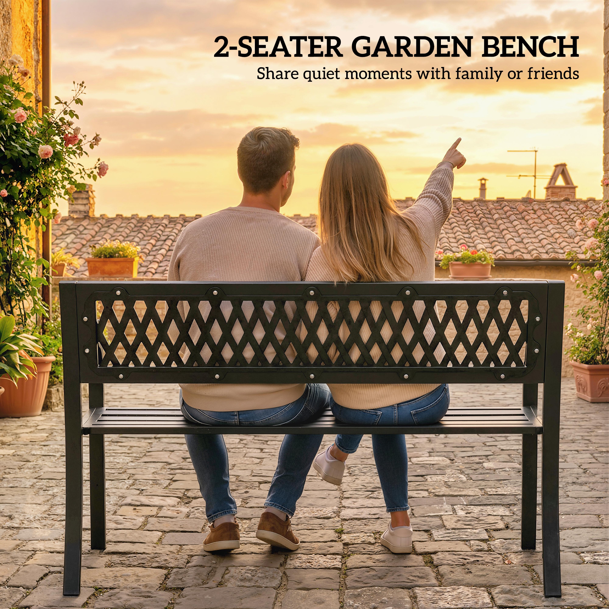 Outdoor Bench with Floral Backrest 2 Seater Garden Bench with Armrests for Yard Park Balcony Black - Image 2