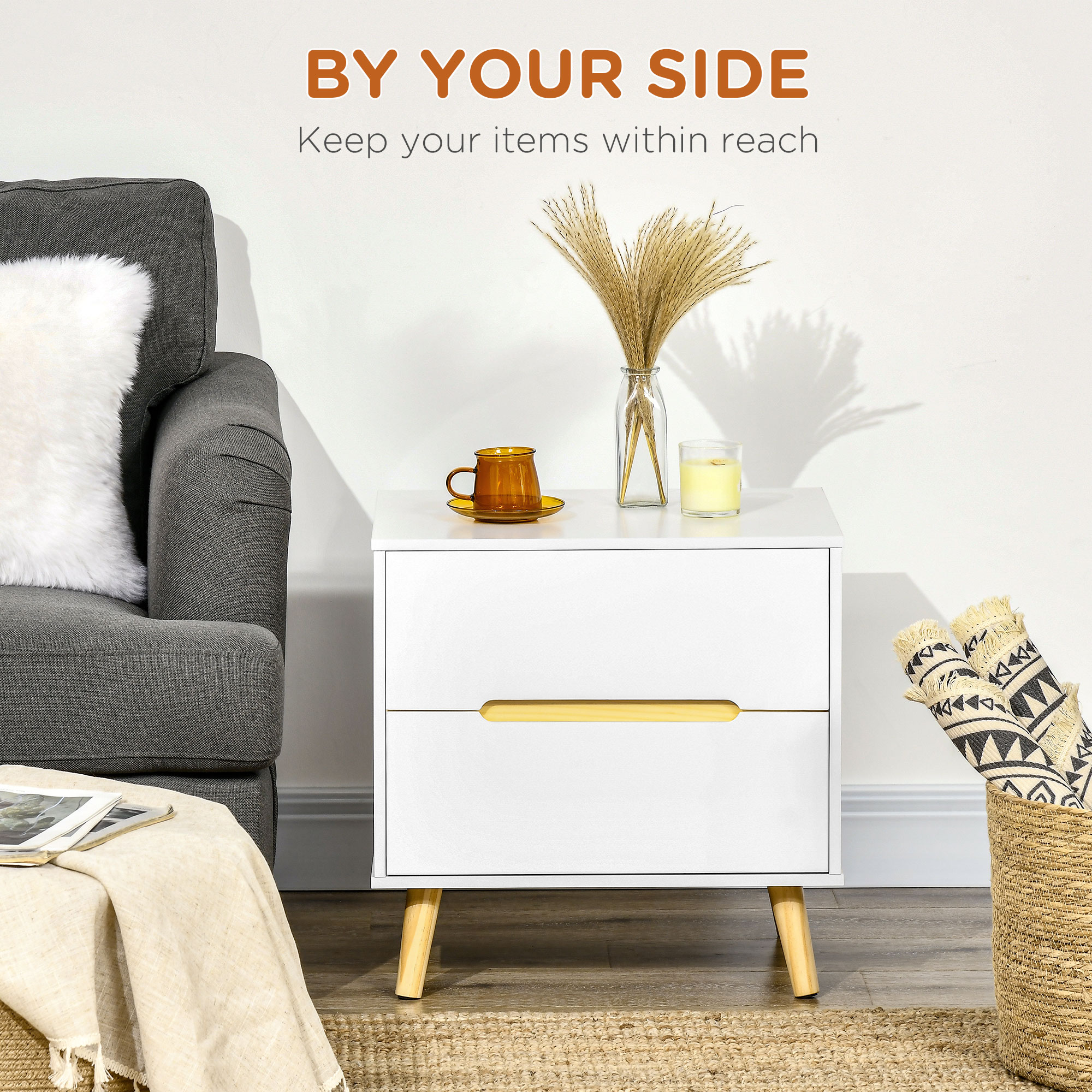 Nightstand, Bedside Table with 2 Drawers, Modern Side End Table with Solid Wood Legs for Bedroom, White - Image 2