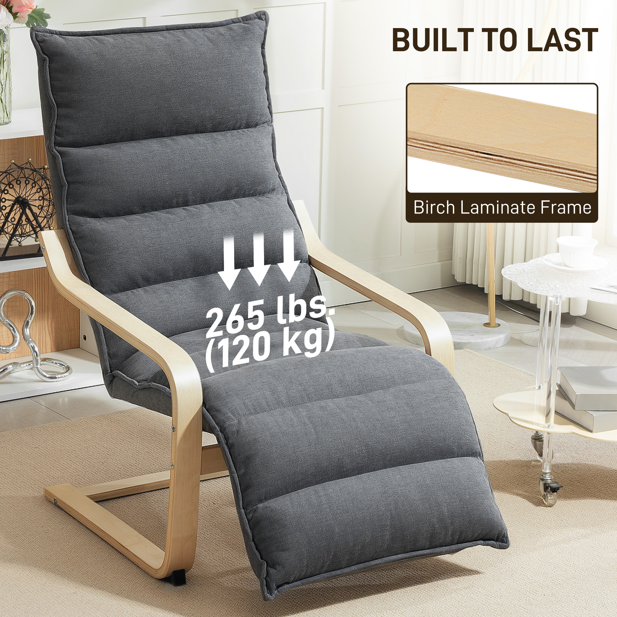 Accent Chair, Velvet Upholstered Living Room Chair with Footrest, Wood Frame, Dark Grey - Image 5