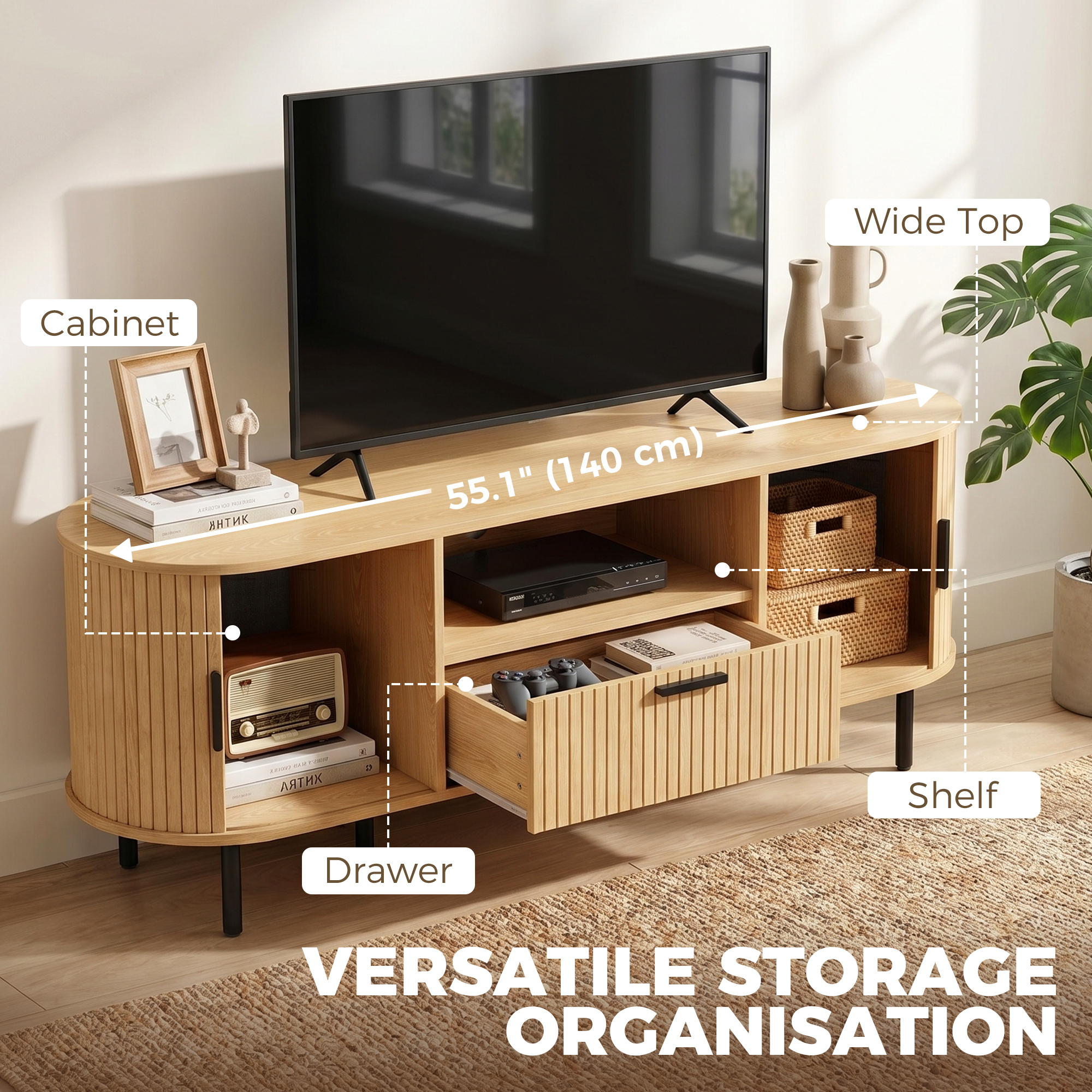 TV Stand for TVs up to 60", Modern Entertainment Center with Curved Sliding Doors and Storage, Natural Wood - Image 3