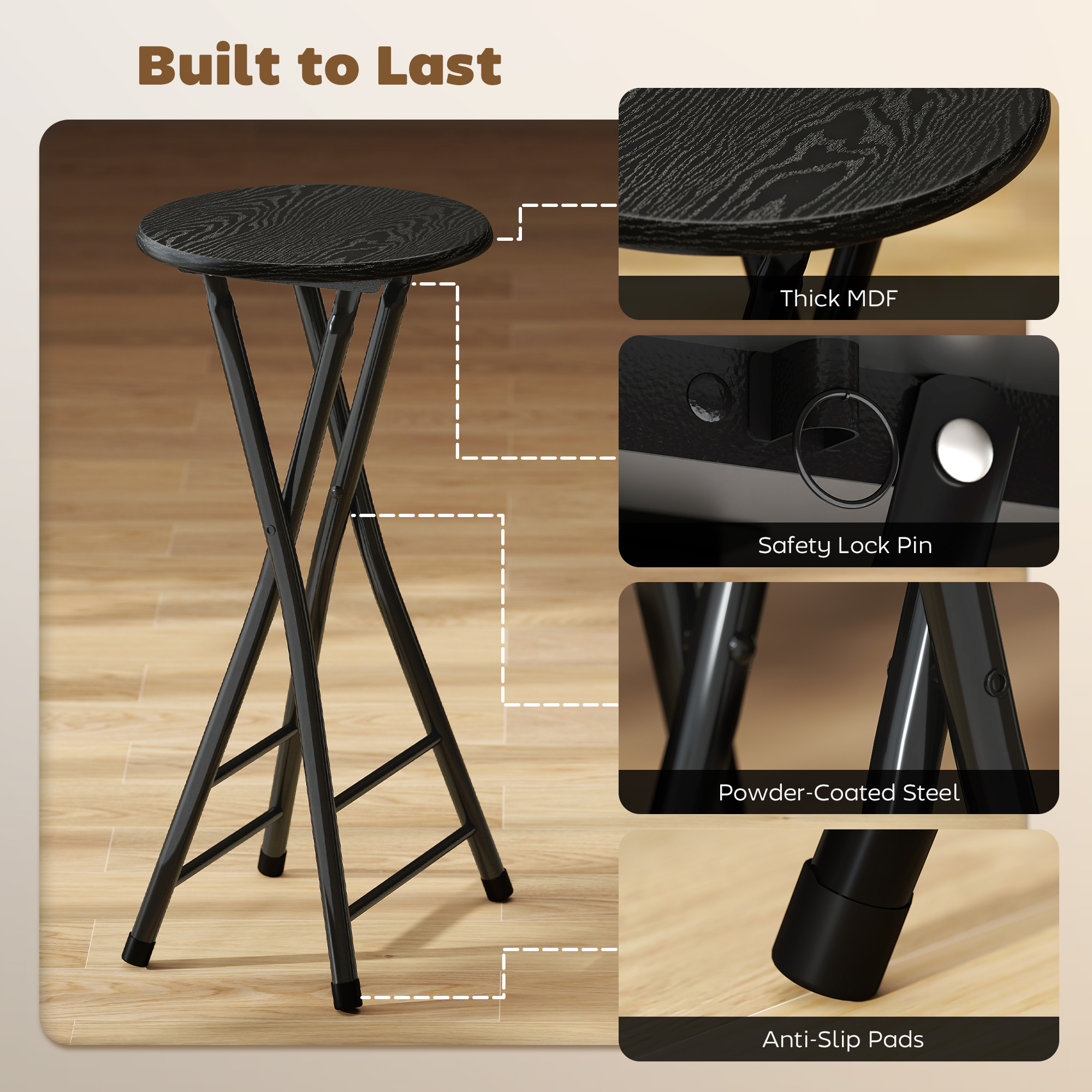 Set of 4 Foldable Barstools, Counter Height Bar Stools with Footrest and Steel Legs for Kitchen Island, Black - Image 3