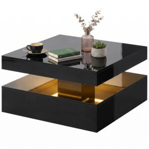 LED Coffee Table with Storage, 2-Tier Modern Center Table with Open Shelf and Remote for Living Room, High Gloss Black