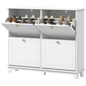 Modern Shoe Storage Cabinet, Narrow Shoe Cabinet with 4 Flip Drawers, Adjustable Shelves, 5 Legs for Entryway, White