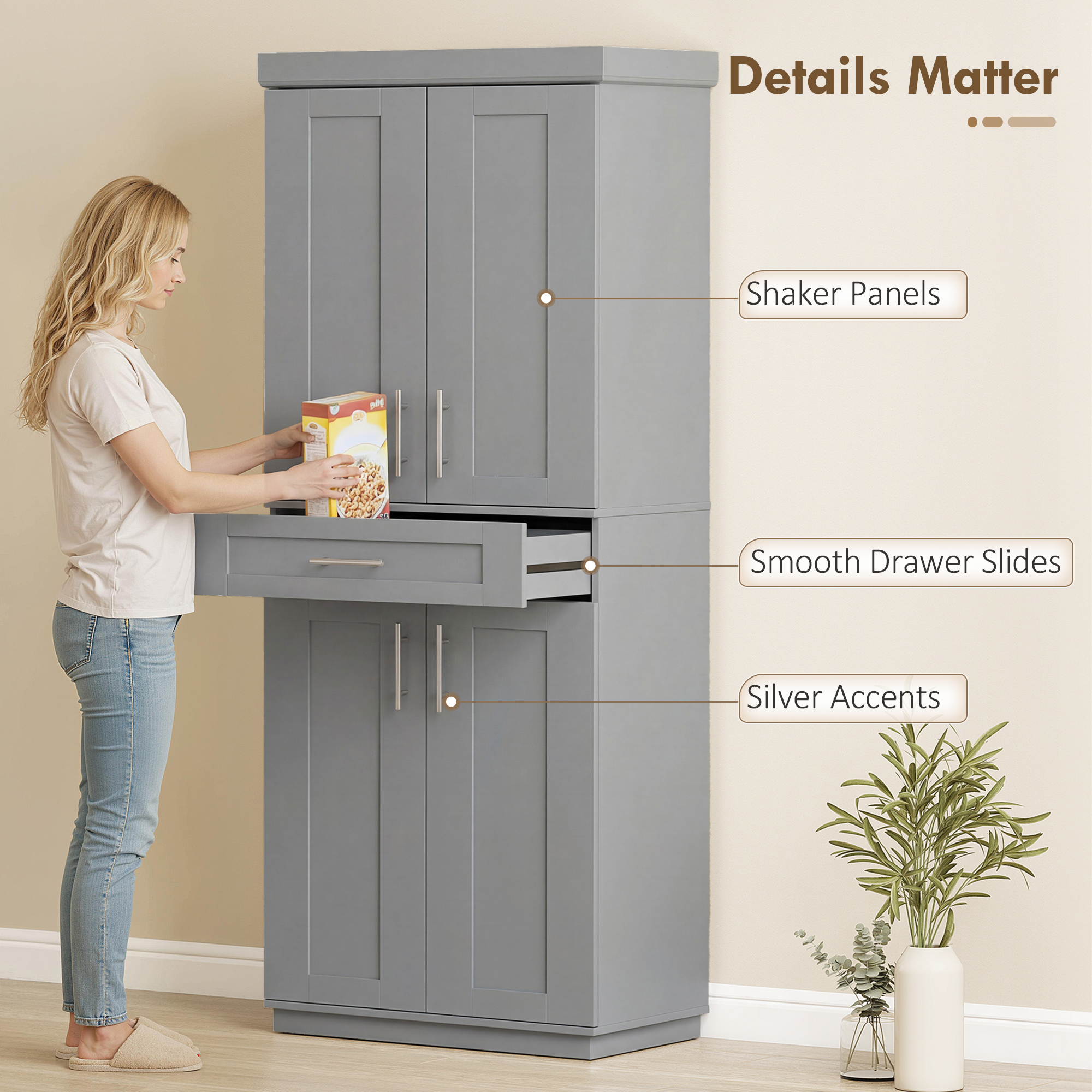72" Storage Cabinet, Freestanding Kitchen Pantry Cabinet with 4 Doors, Drawer and 3 Adjustable Shelves, Grey - Image 5