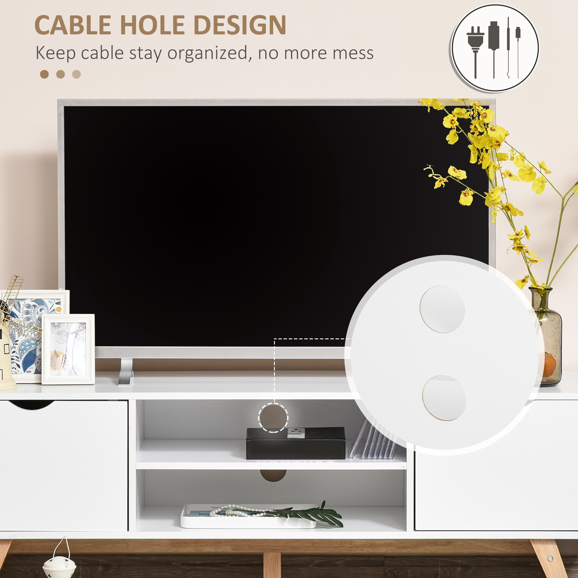 Modern Wooden TV Stand with 2 Storage Cabinet Stand for TV's up to 65" for Living Room Office, Storage Entertainment Center, White - Image 4