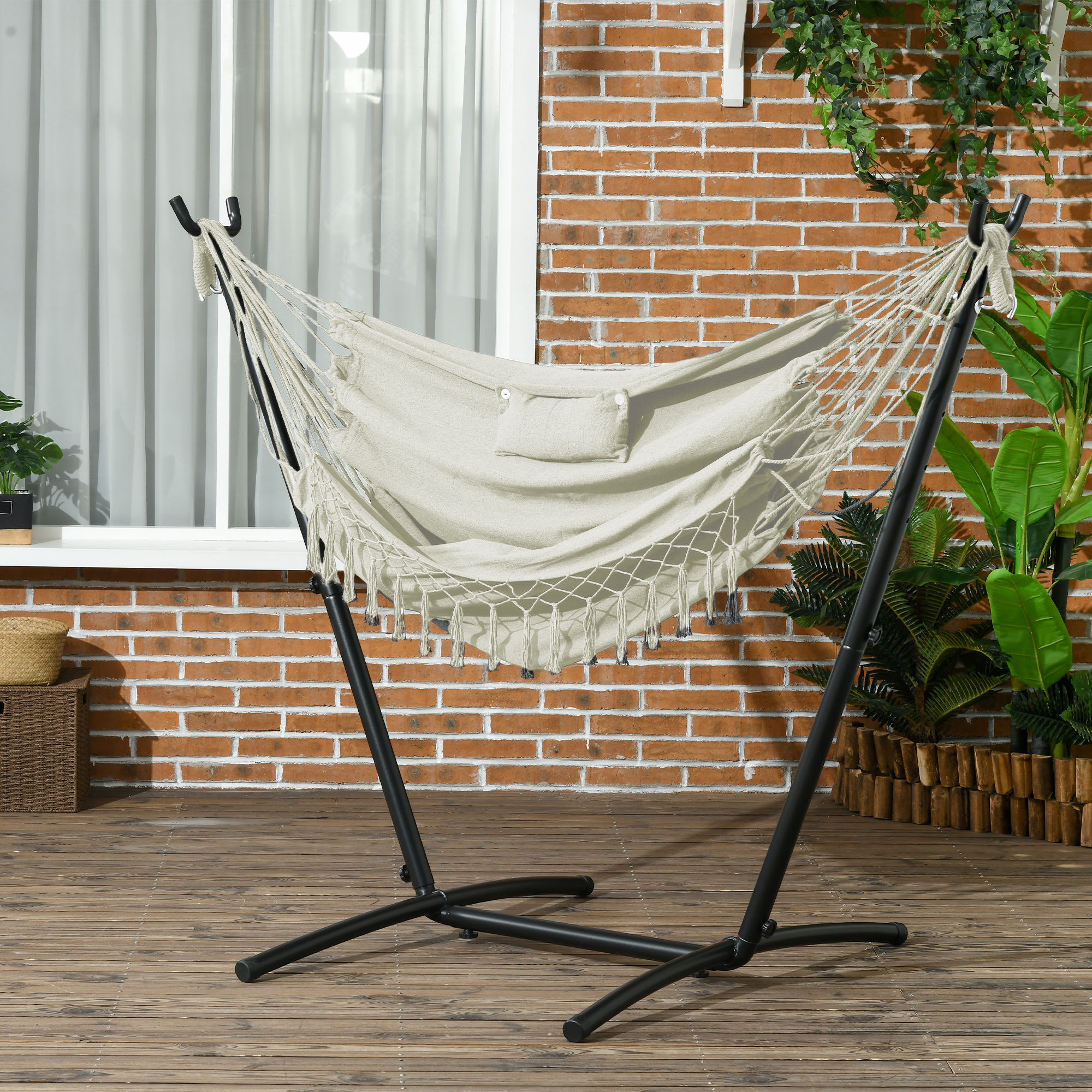 Patio Hammock Chair with Stand, Outdoor Hammock Swing Hanging Lounge Chair with Side Pocket and Headrest, Cream - Image 6
