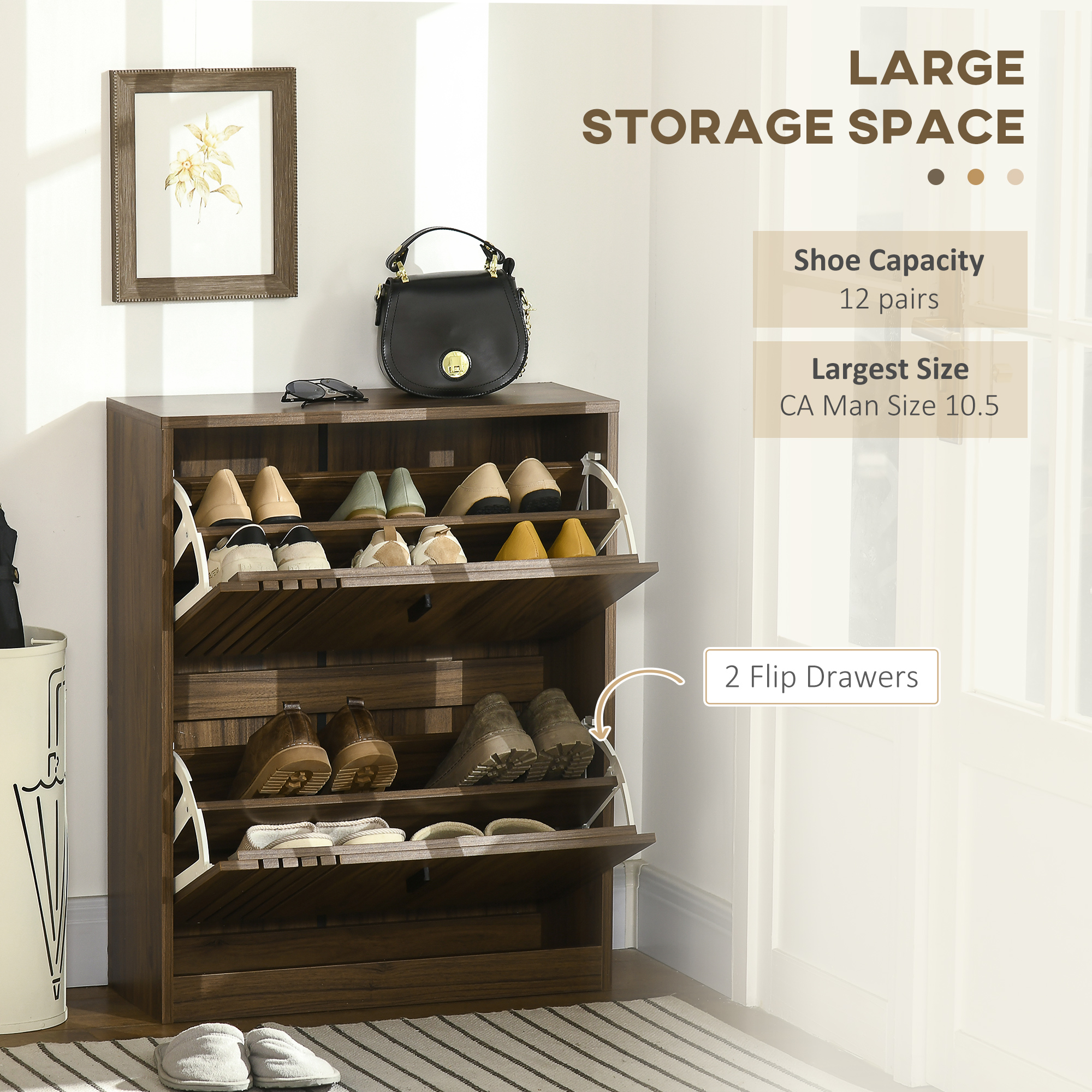 Shoe Storage Cabinet Organizer for 12 Pairs of Shoes with 2 Flip Drawers and Adjustable Shelves, Walnut - Image 2