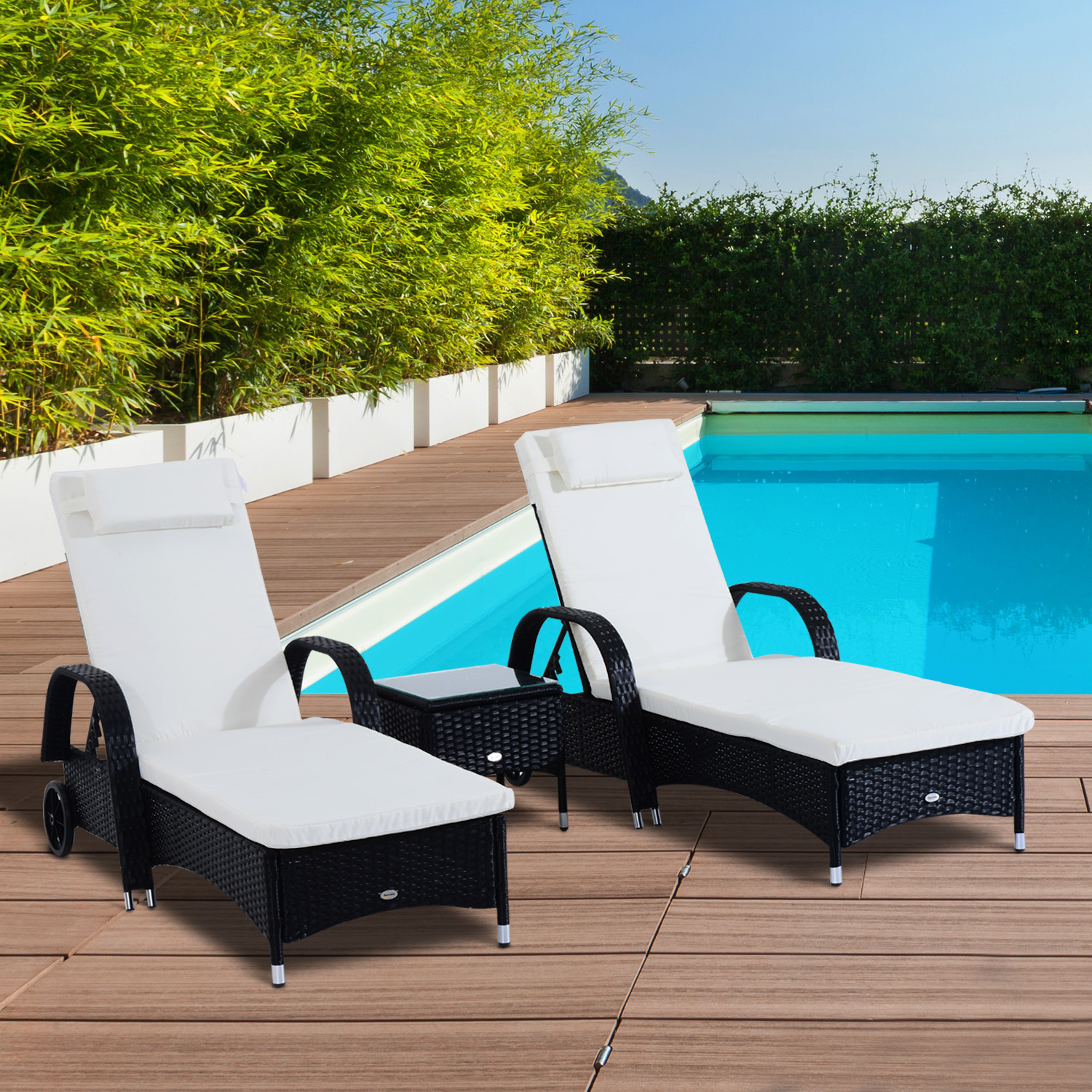 Patio Rattan Lounge Set has a Wheeled Wicker Chaise Lounge Chair and A Table with A Tempered Glass Top, White - Image 6