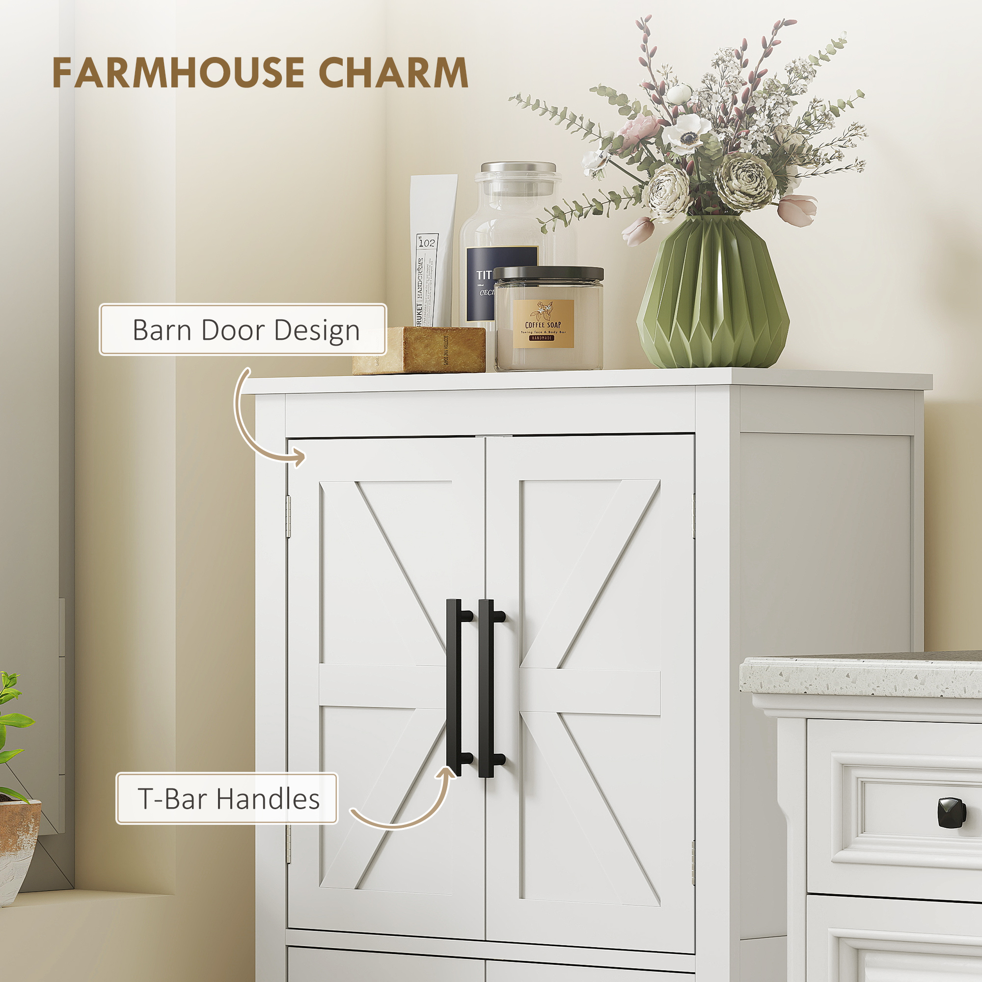 Farmhouse Bathroom Storage Cabinet, Bathroom Floor Cabinet with Barn Doors and Adjustable Shelf, White - Image 3