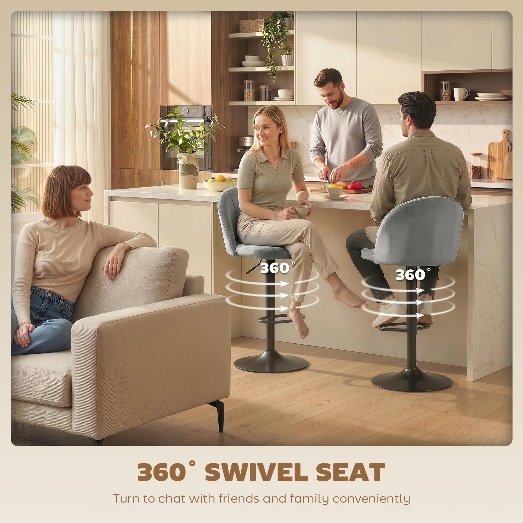 Bar Stools Set of 2, Swivel Counter Height Barstools with Footrest, Grey - Image 4