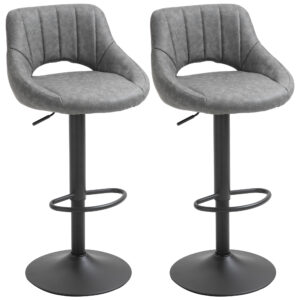Bar Stools Set of 2, Swivel Counter Height Barstools with Adjustable Height and Cutout Back, Faux Leather Upholstered Bar Chairs with Round Metal Base and Footrest, Grey