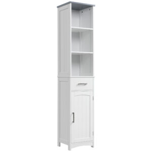 Tall Bathroom Storage Cabinet, Slim Bathroom Cabinet with 3 Tier Shelf, Drawer, Door, Freestanding Linen Tower, White