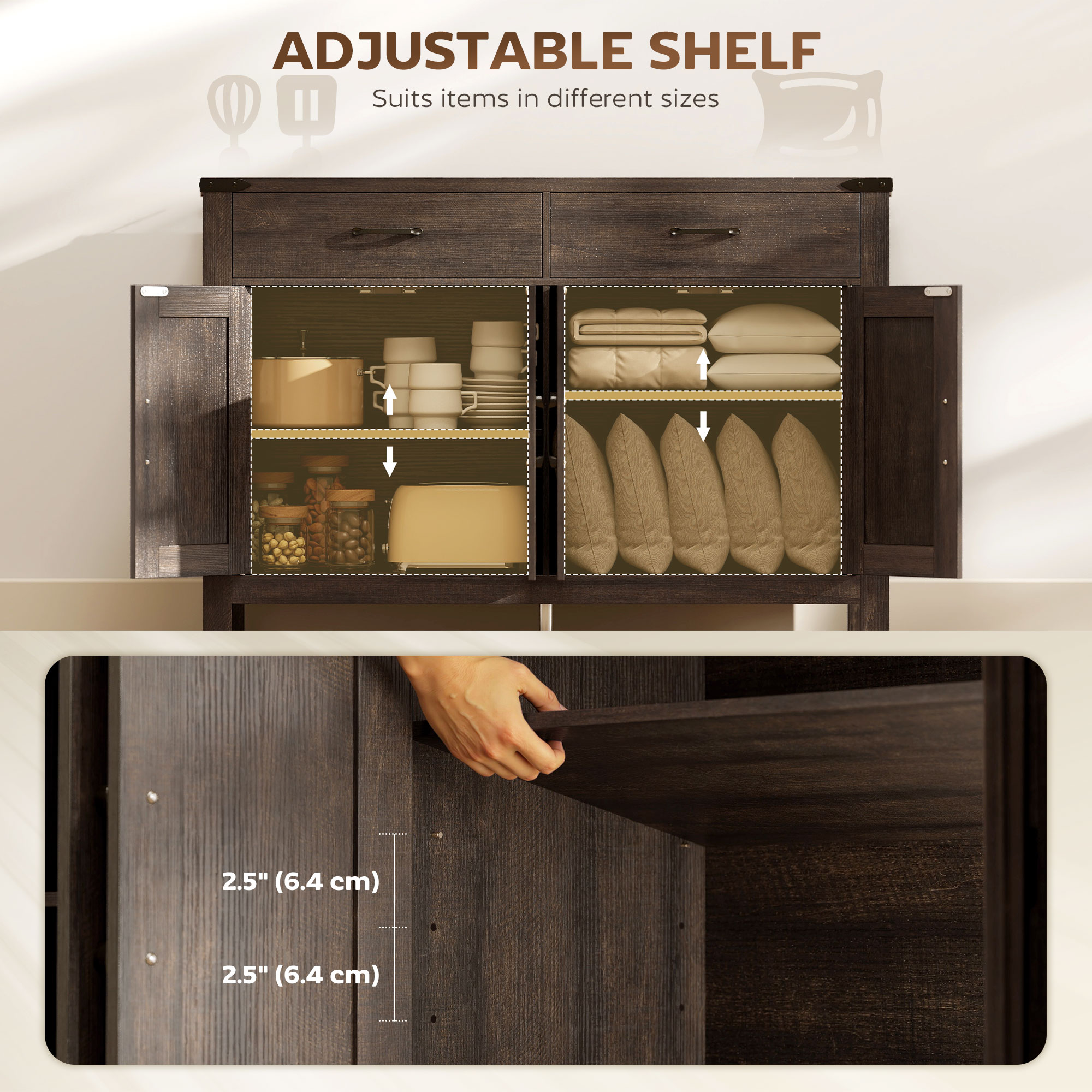 Sideboard Buffet Cabinet, Farmhouse Kitchen Storage Cabinet w/ 2 Drawers and Shelves for Living Room, Entryway - Image 3
