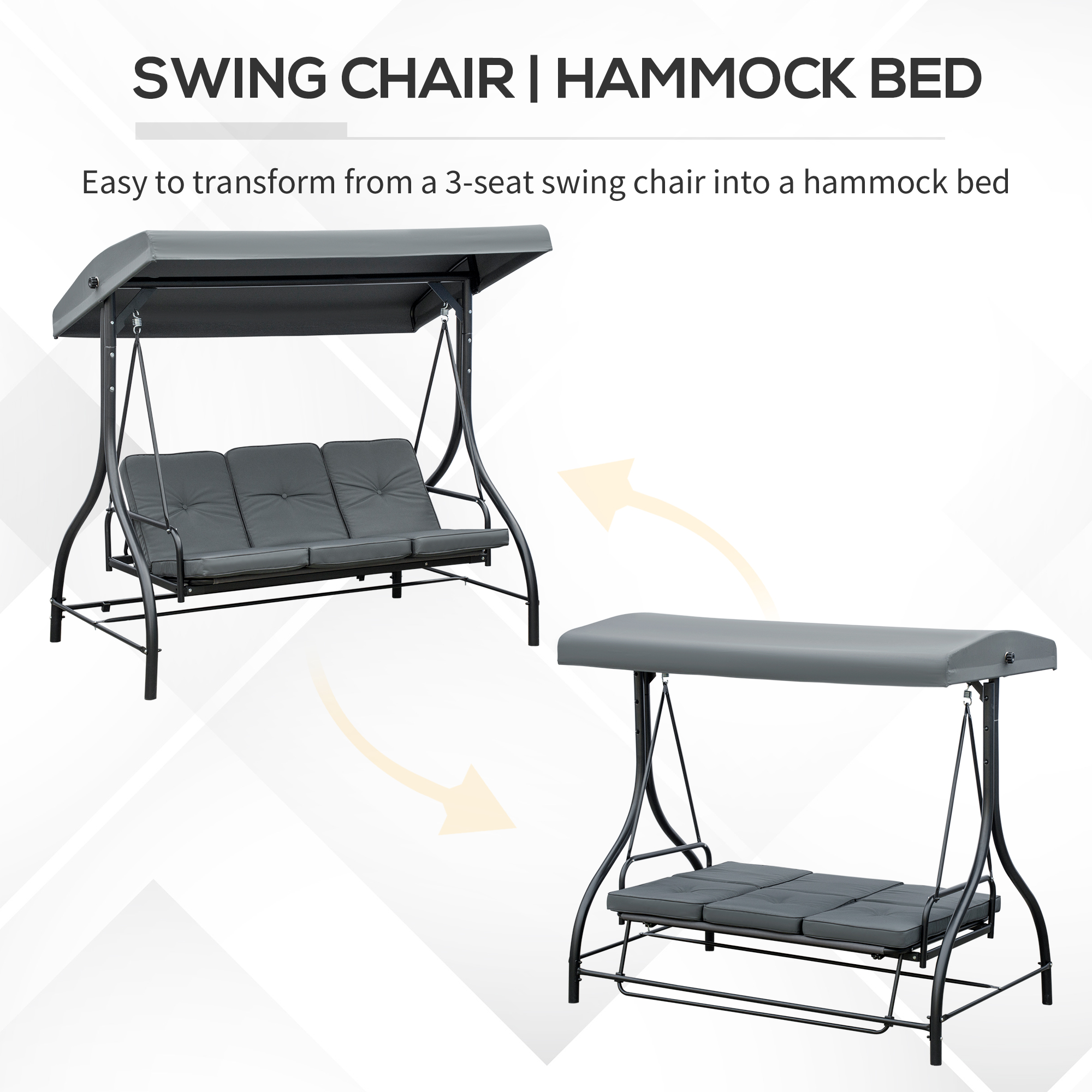 Convertible Patio Swing Bed with Canopy and Cushions, 3 Seater Porch Swing for Outdoor, Backyard, Garden, Dark Grey - Image 3