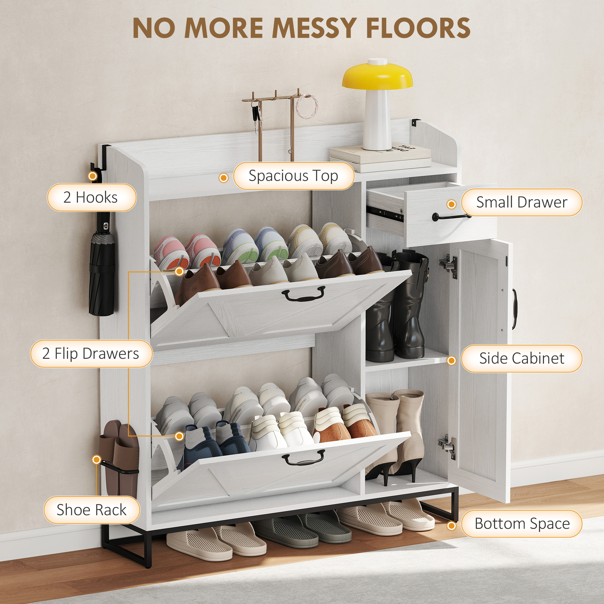 Farmhouse Shoe Storage Cabinet with Side Cabinet and Adjustable Shelves for Entryway, Hallway, Holds 12 Pairs, White - Image 2
