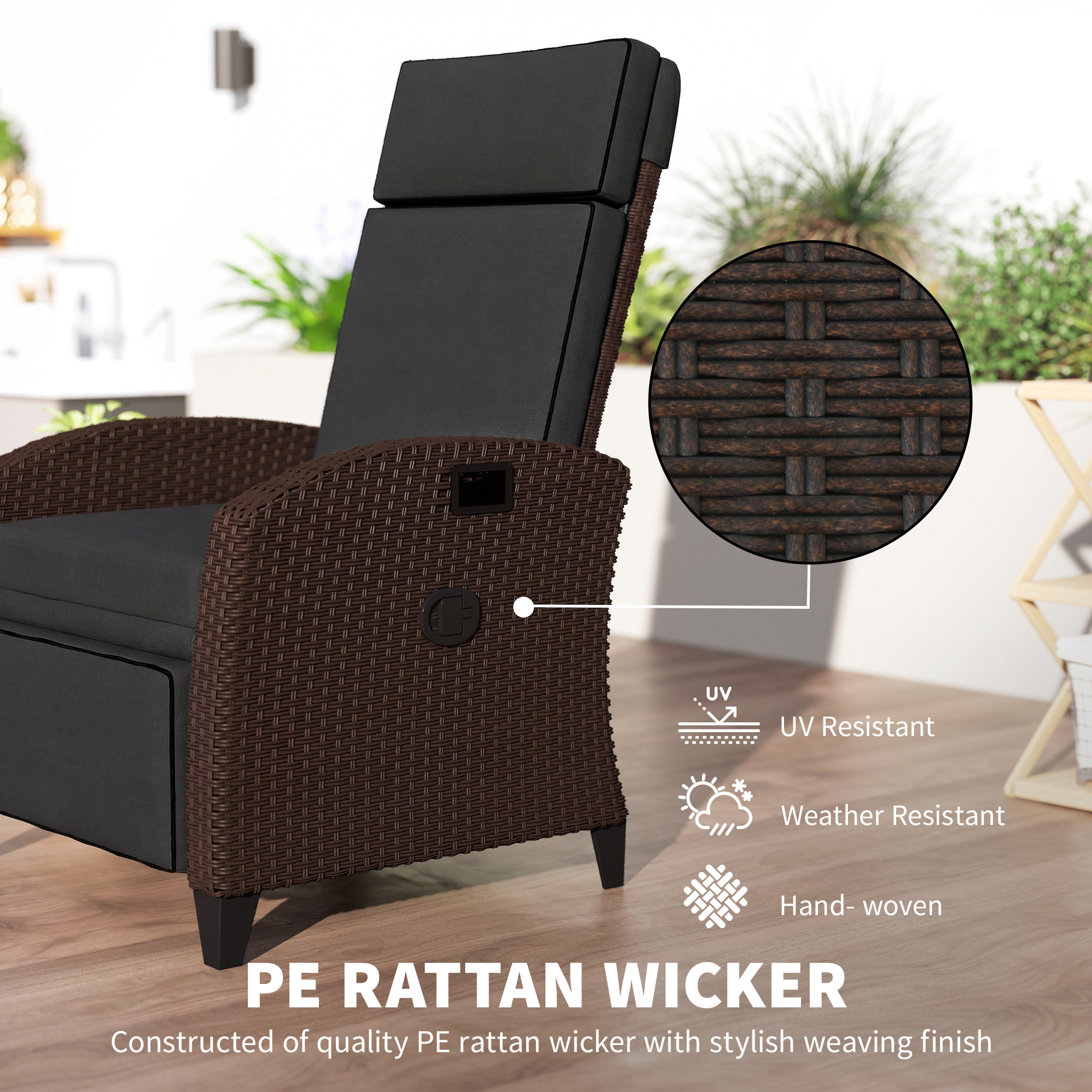 Outdoor Recliner Chair with Adjustable Backrest, Cushion, Side Tray, Black - Image 3