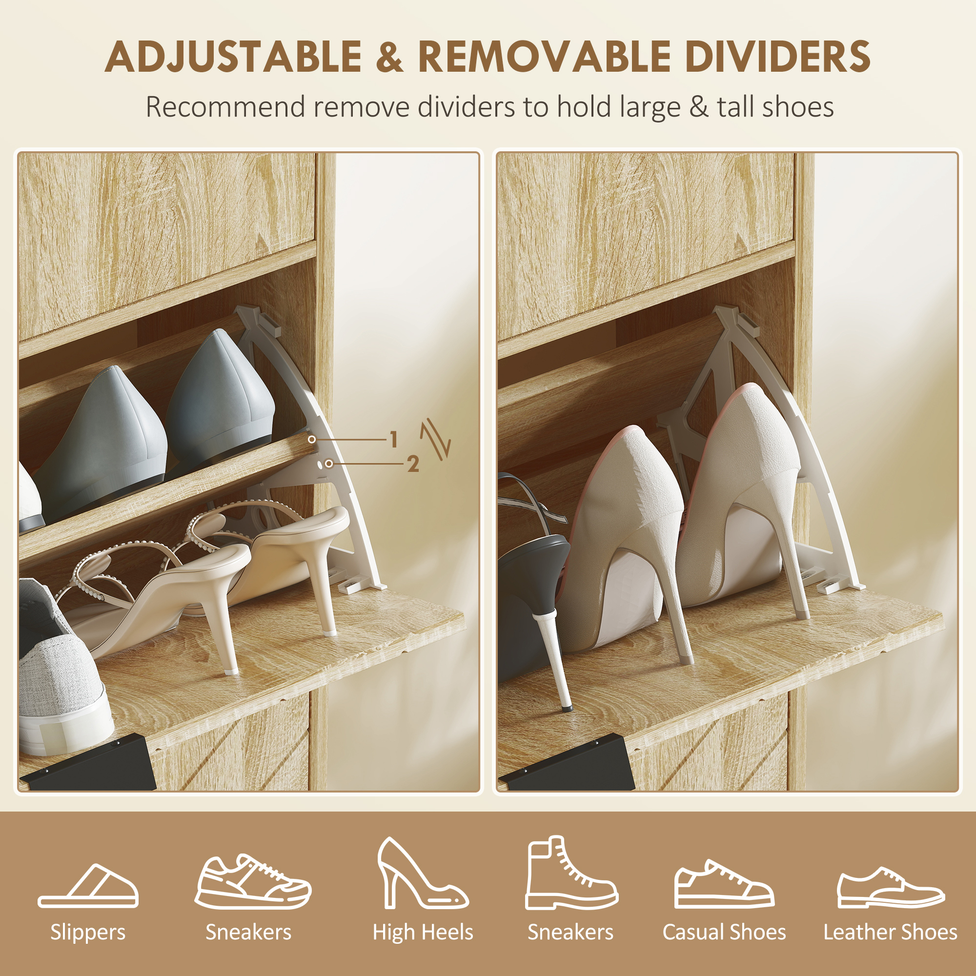 Narrow Shoe Storage Cabinet with Flip Drawers, Shoe Cabinet with Adjustable Shelves, Sliding Drawer, Holds 8 Pairs, Oak - Image 3