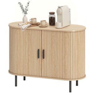 Sideboard Buffet Cabinet with Curved Tambour Doors and Storage, Natural Wood