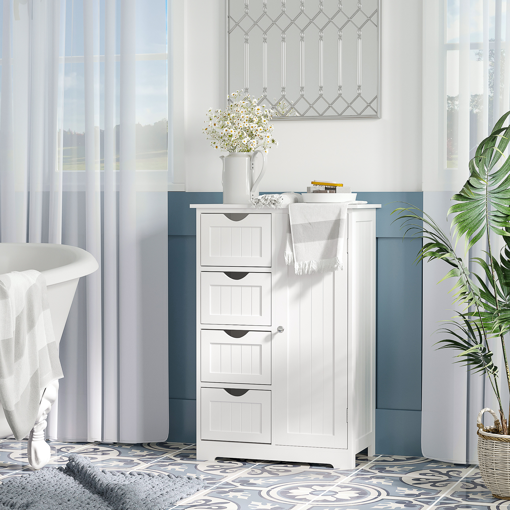 Bathroom Storage Cabinet, Floor Cabinet with Adjustable Shelf and 4 Drawers, Side Cabinet for Washroom, White - Image 6