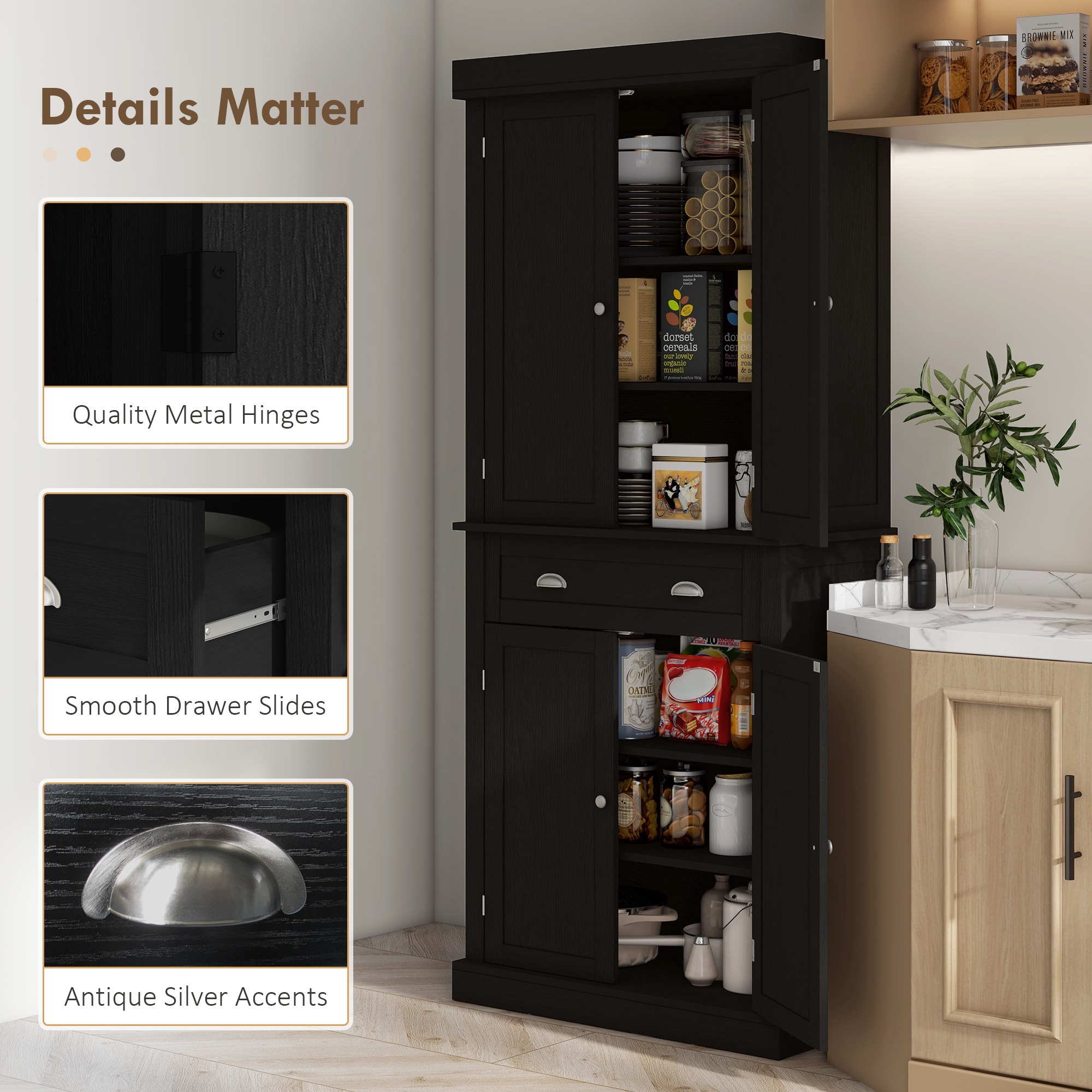 72" Tall Pantry Cabinet, Kitchen Storage Cabinet with 4 Doors, Drawer and 2 Adjustable Shelves, Black Wood Grain - Image 5