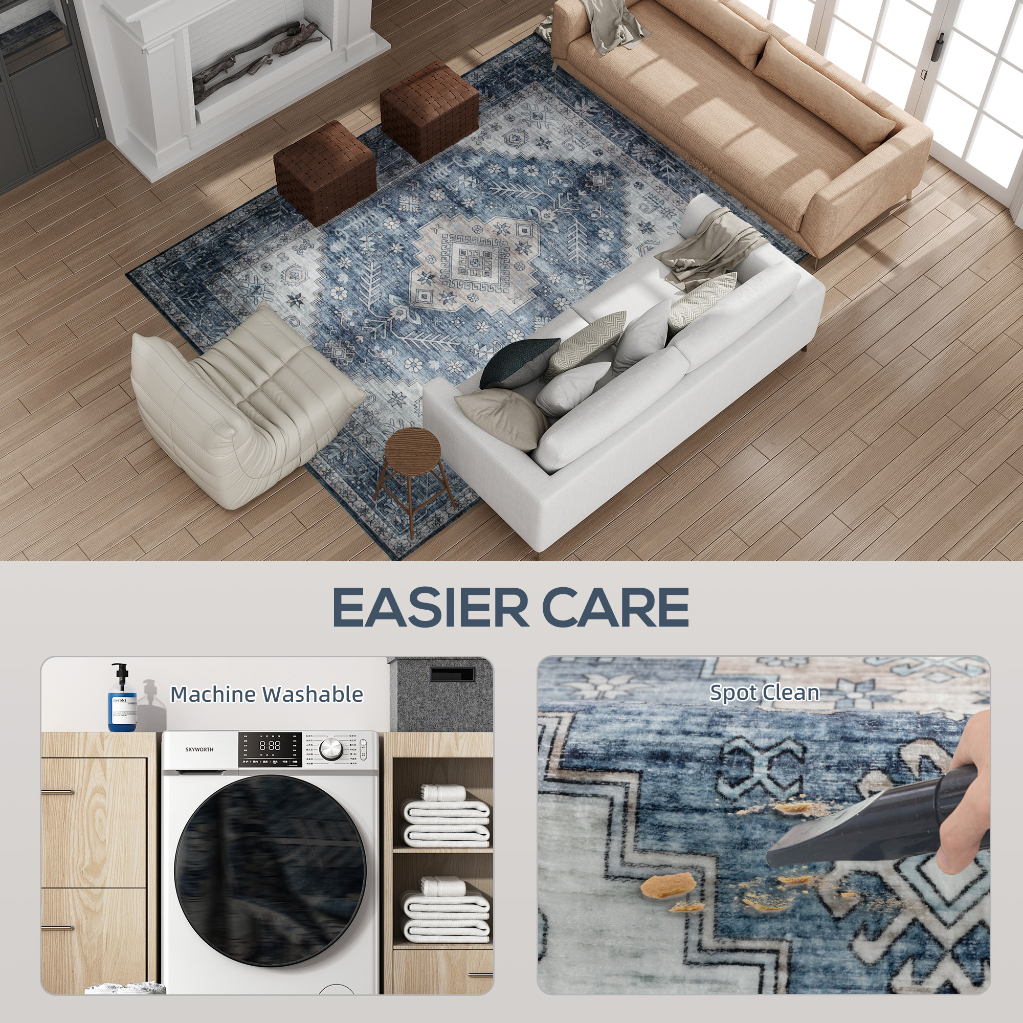 6x9 Area Rug, Vintage Machine Washable Rug, Non-Slip Floor Carpet for Living Room, Bedroom, Dining Room, Blue - Image 3