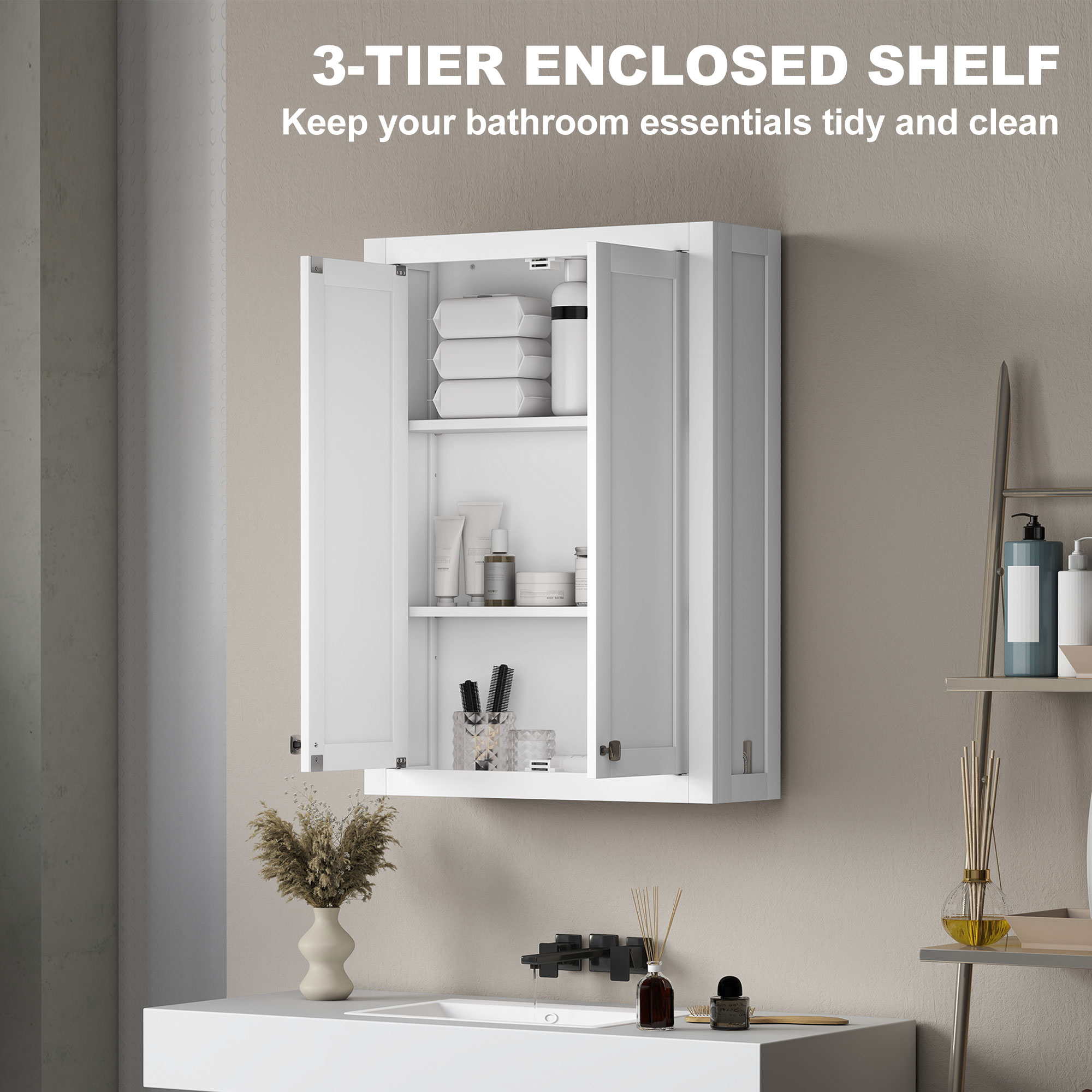 Bathroom Cabinet Wall Mounted, Modern Bathroom Wall Cabinet with 2 Doors and 2 Adjustable Shelves, White - Image 3