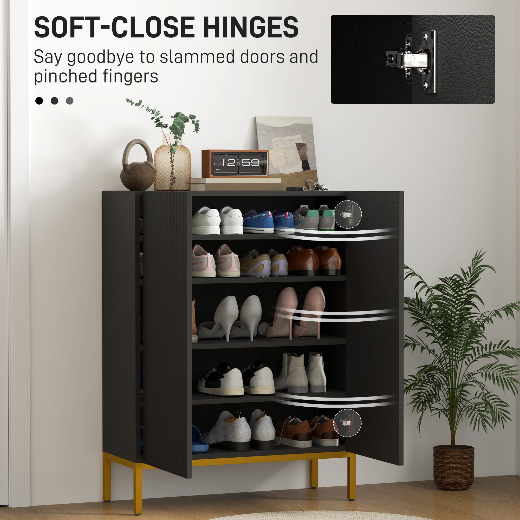 Shoe Storage Cabinet with Adjustable Shelves and Soft-Close Hinges, for 15-20 Pairs of Shoes, Black - Image 3