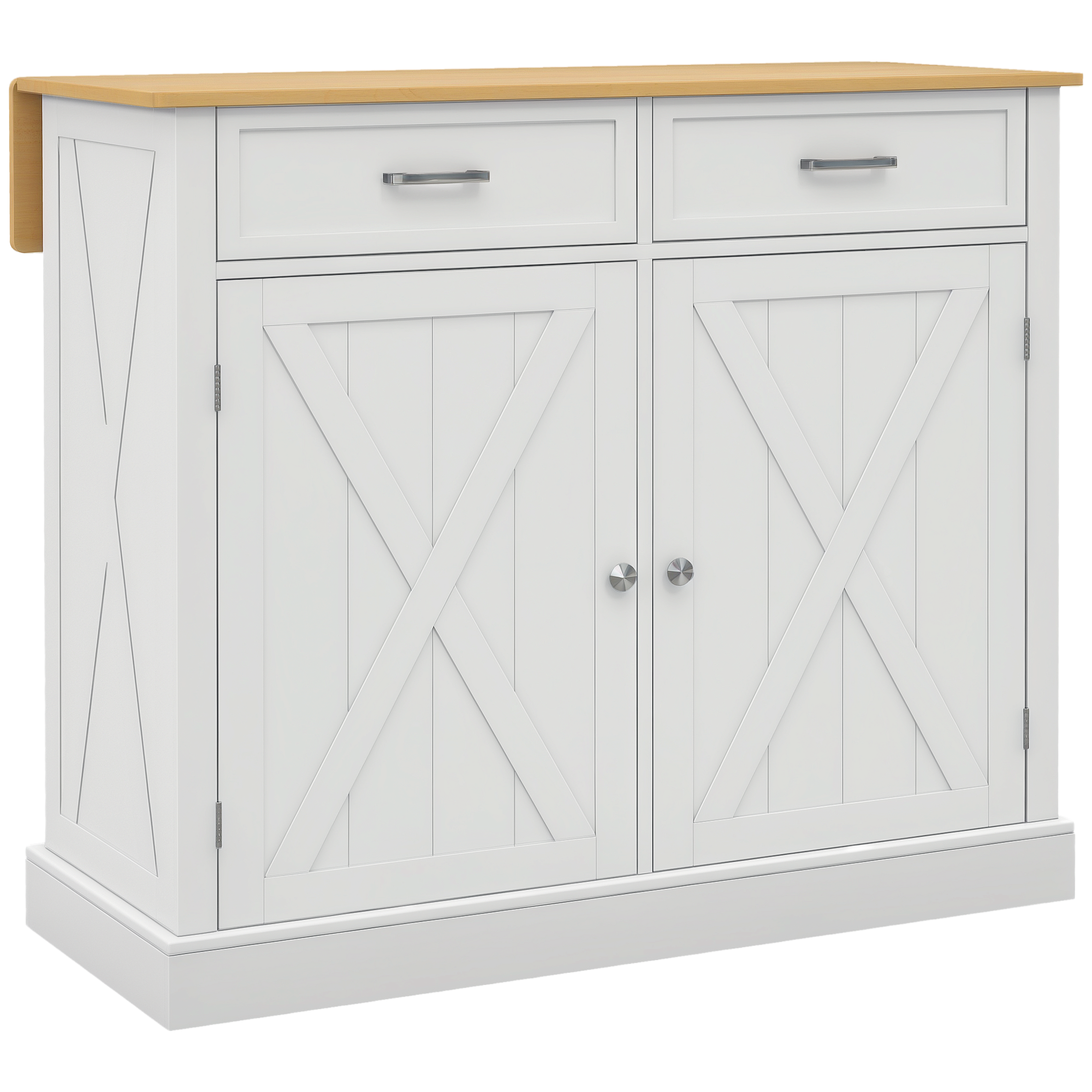 Rolling Kitchen Island with Drop Leaf Wood Breakfast Bar, Farmhouse Kitchen Cart with 2 Drawers, Adjustable Shelves for Dining Room, White