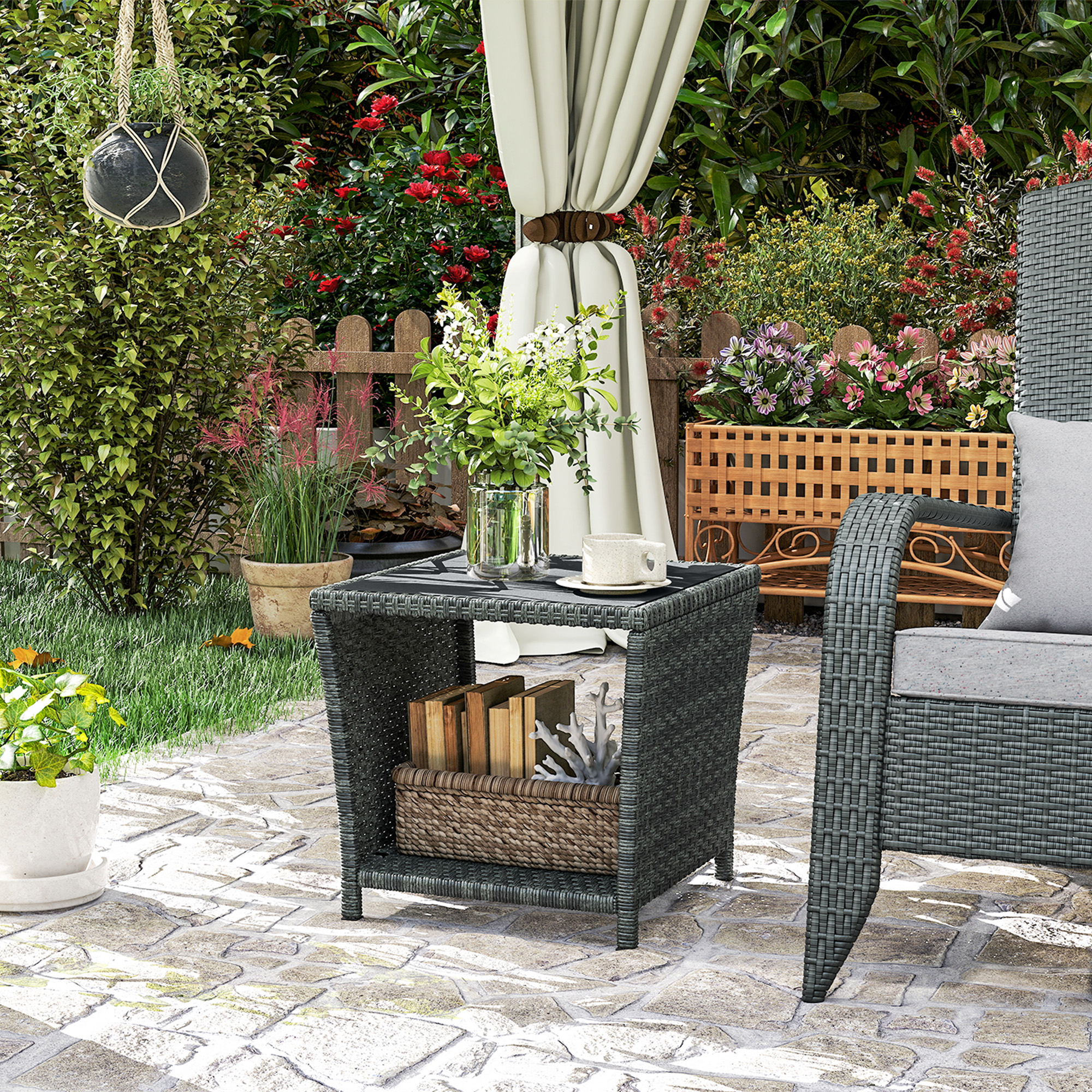 17.7" Wicker Side Table with Storage Shelf, Square PE Rattan Outdoor End Table with PS Wood Slat Top, Grey - Image 6