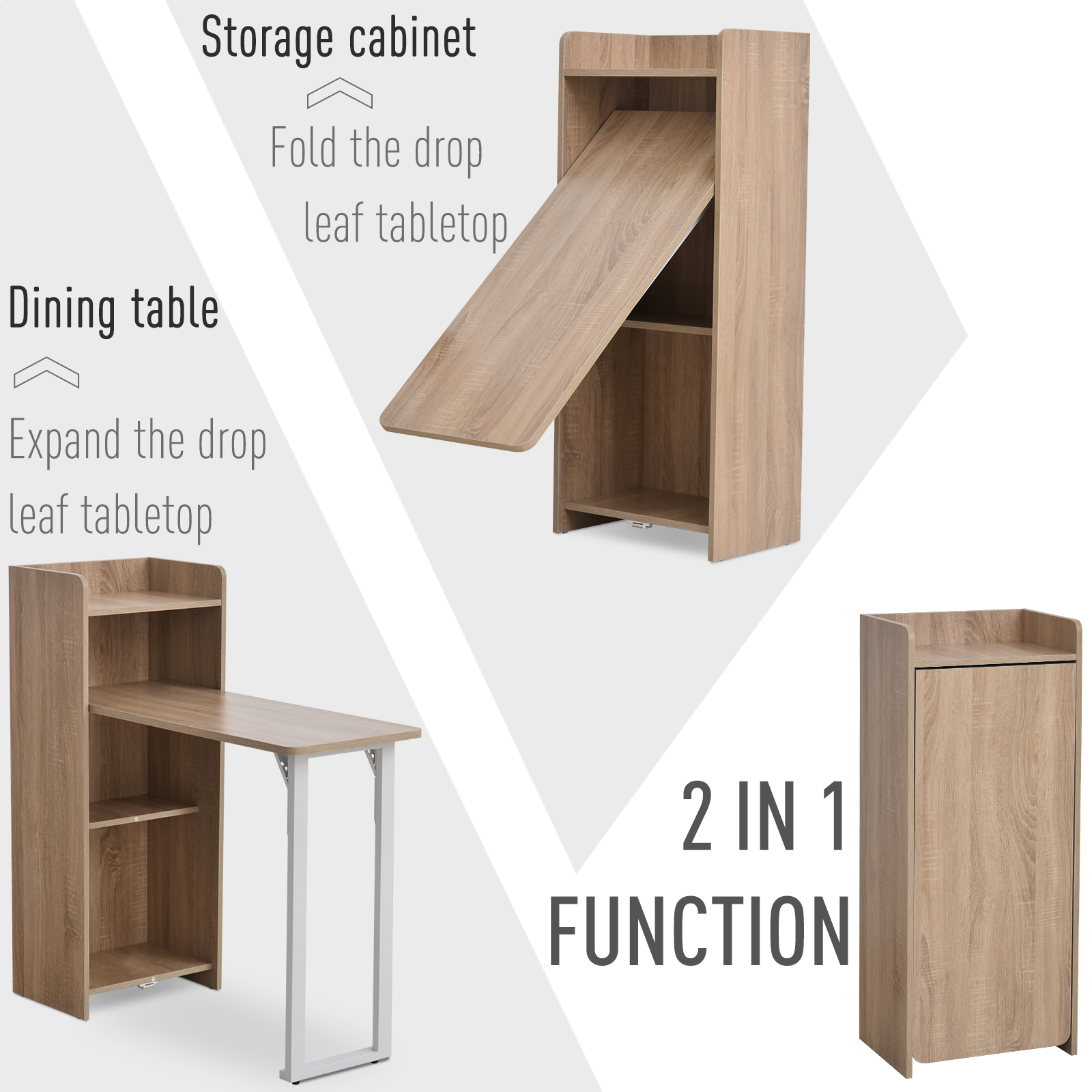 2 In 1 Folding Table, Drop Leaf Table, Space Saving Dining Table with 4-Tier Shelf for Small Spaces, Oak - Image 2