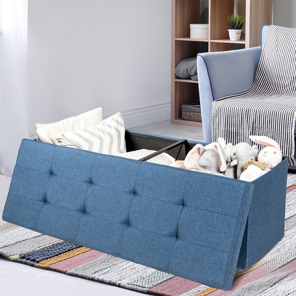 Fabric Folding Storage with Divider Bed End Bench-Navy - Image 5