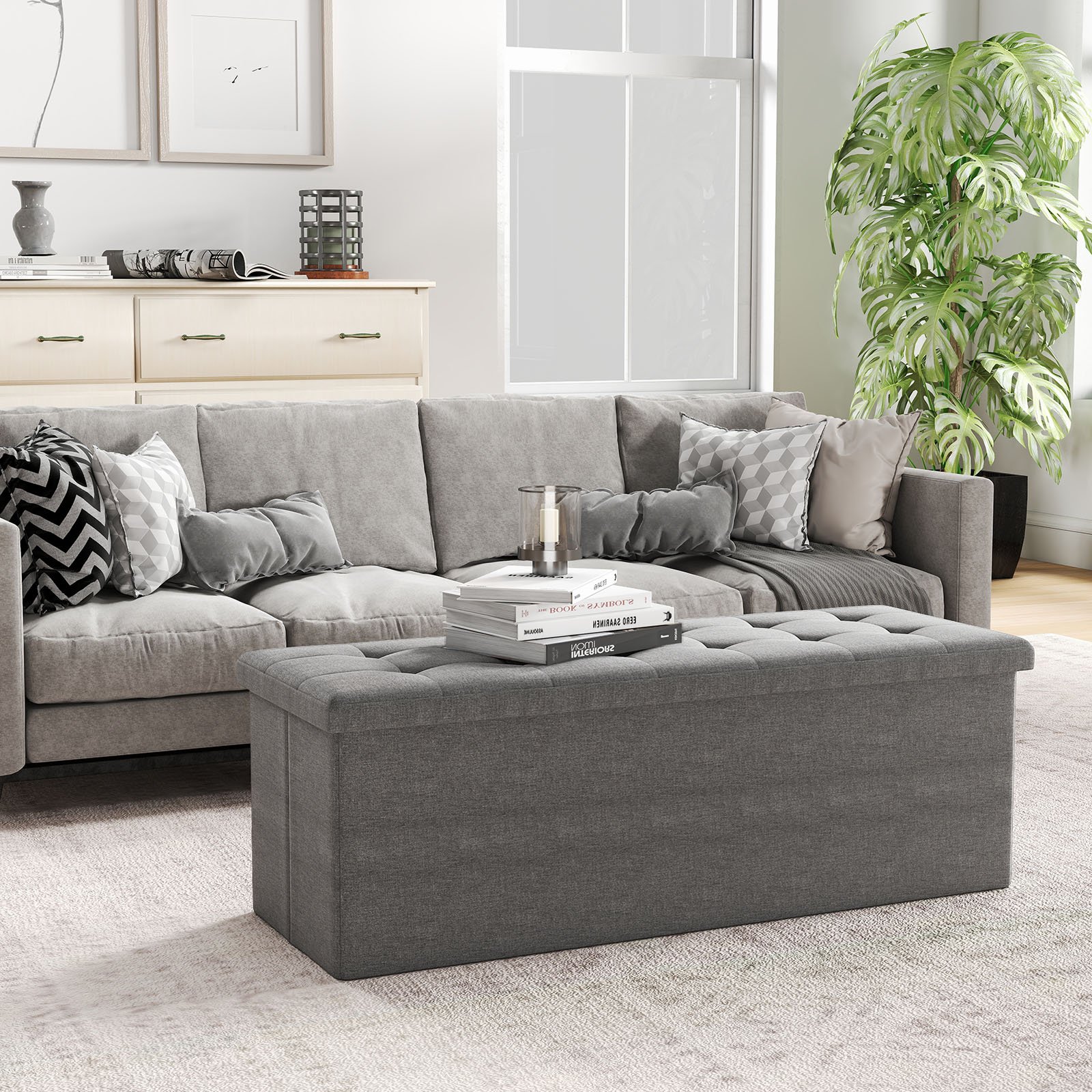Fabric Folding Storage with Divider Bed End Bench-Dark Gray