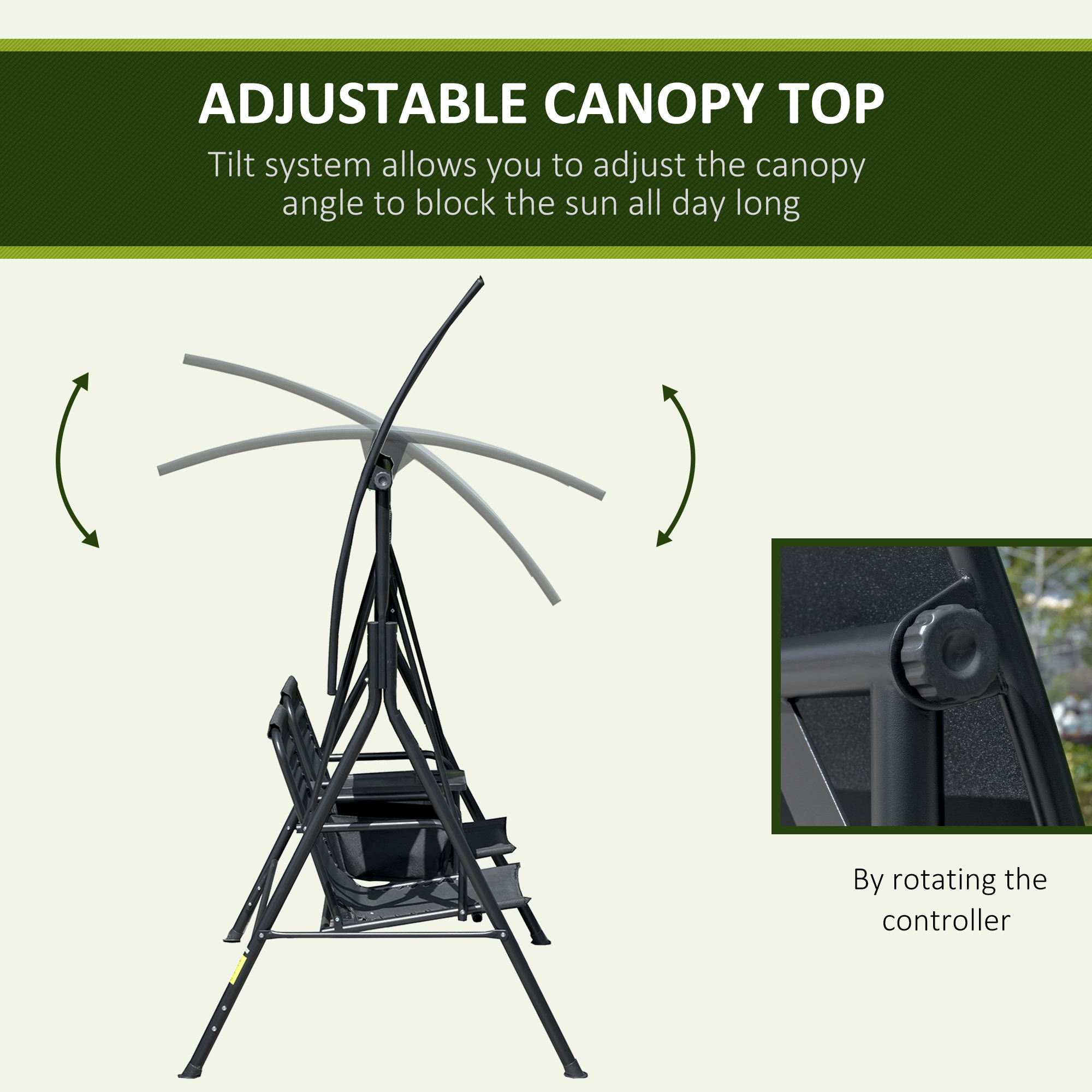 2 Person Covered Porch Swing Patio Swing with Pivot Storage Table, Cup Holder, & Adjustable Overhead Canopy, Black - Image 2