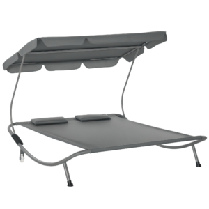 Double Patio Lounger with Adjustable Canopy, Outdoor Daybed Hammock Lounger with Headrest Pillows, Two Moving Wheels for Poolside, Garden, Grey