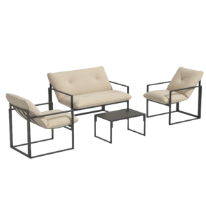 4 Piece Outdoor Furniture Set, Patio Conversation Set with Tempered Glass Table, Loveseat, 2 Chairs and Cushions, Beige
